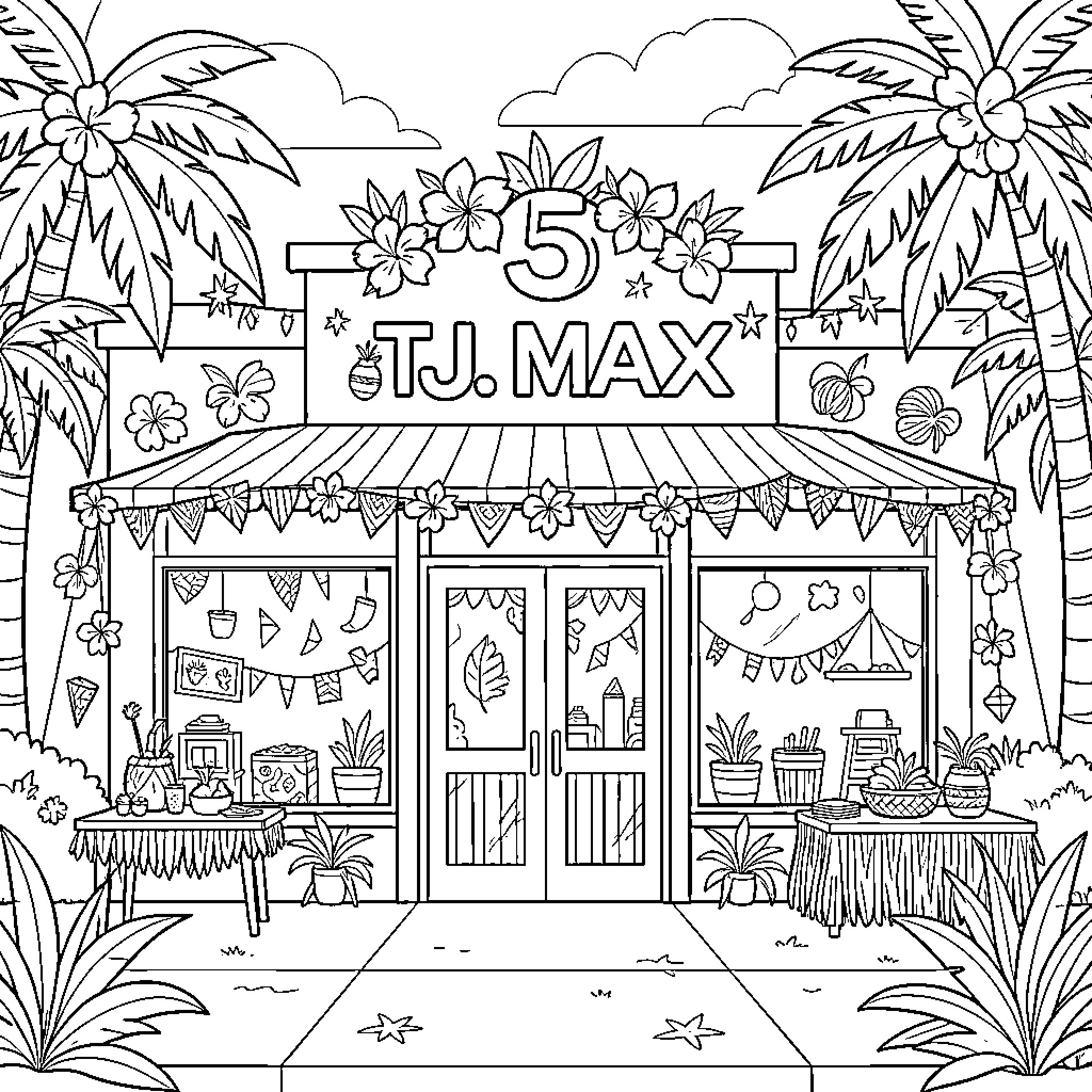 Luau celebration at a tropical themed shop entrance Coloring Page (free black-and-white line drawing printable PDF for all, from beginners to advanced learners, including children, teens, adults, and seniors)