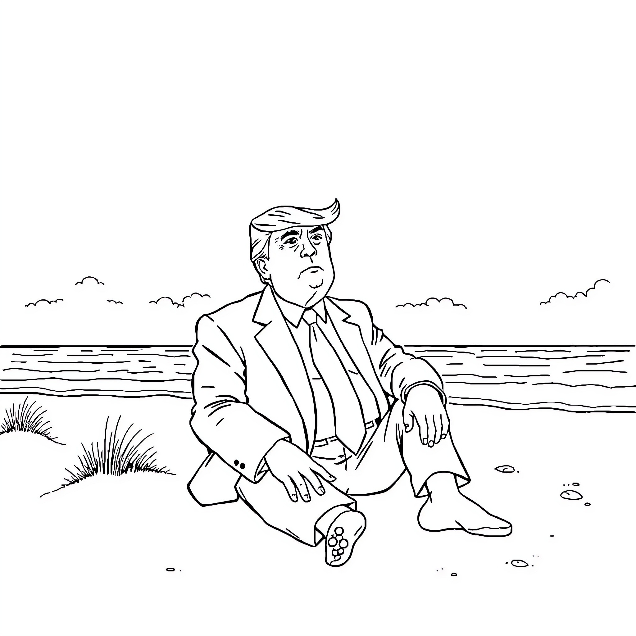 Trump relaxing on the beach in contemplation Coloring Page (free black-and-white line drawing printable PDF for all, from beginners to advanced learners, including children, teens, adults, and seniors)
