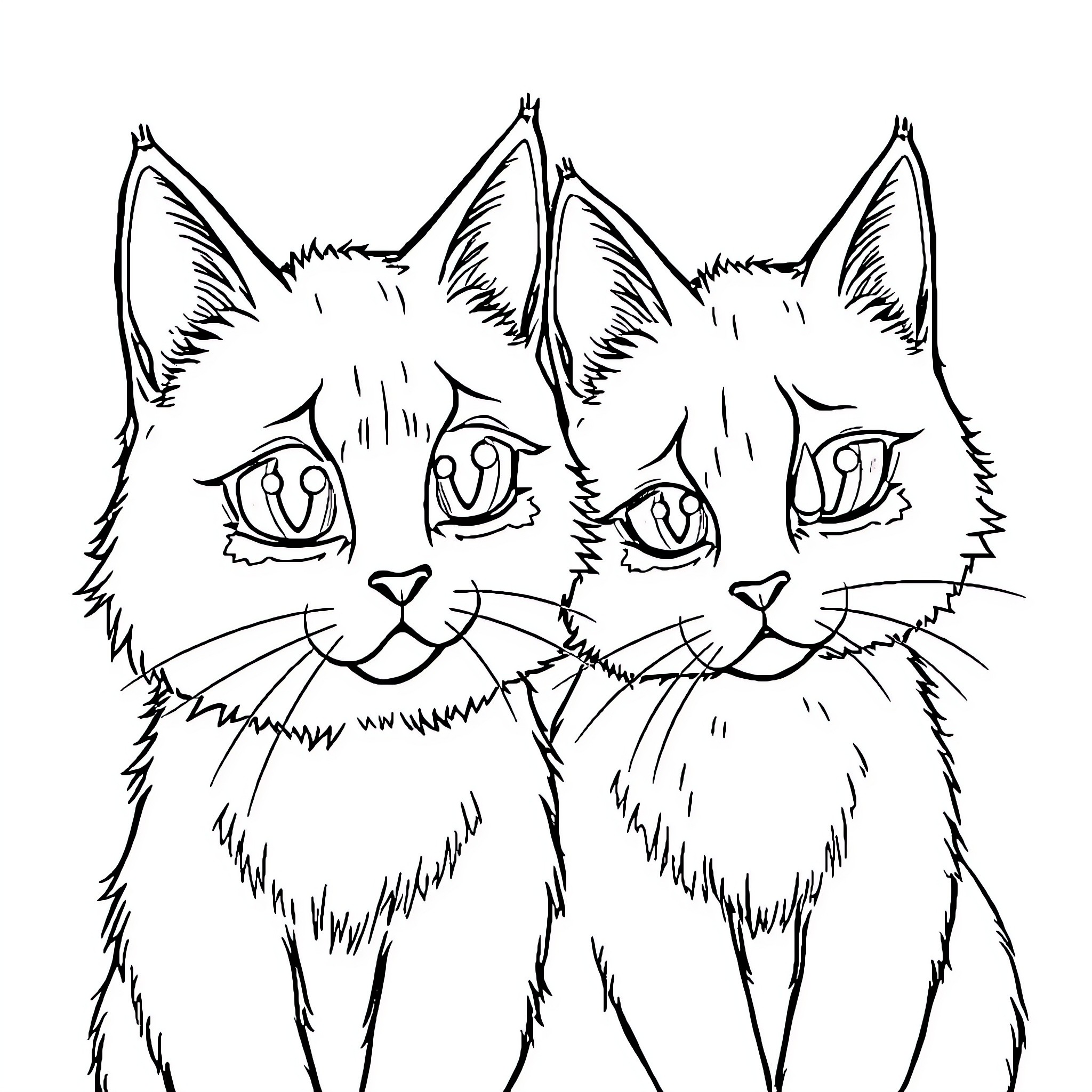 Cat Siblings Sharing a Moment Coloring Page (free black-and-white line drawing printable PDF for all, from beginners to advanced learners, including children, teens, adults, and seniors)