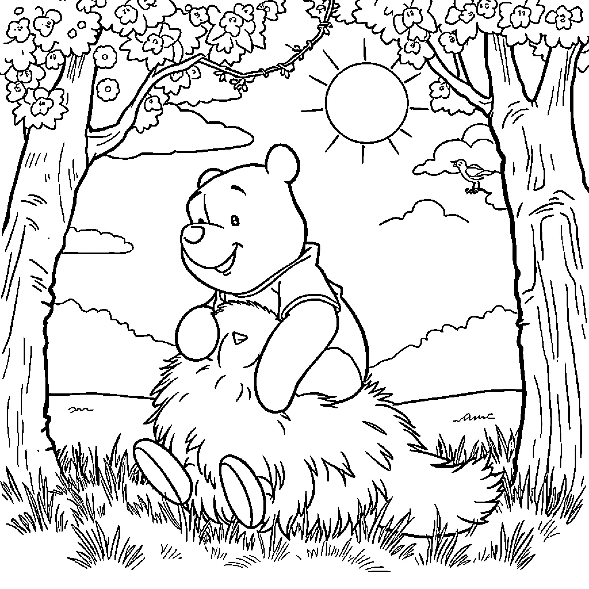 Winnie The Pooh enjoying nature's beauty Coloring Page (free black-and-white line drawing printable PDF for all, from beginners to advanced learners, including children, teens, adults, and seniors)