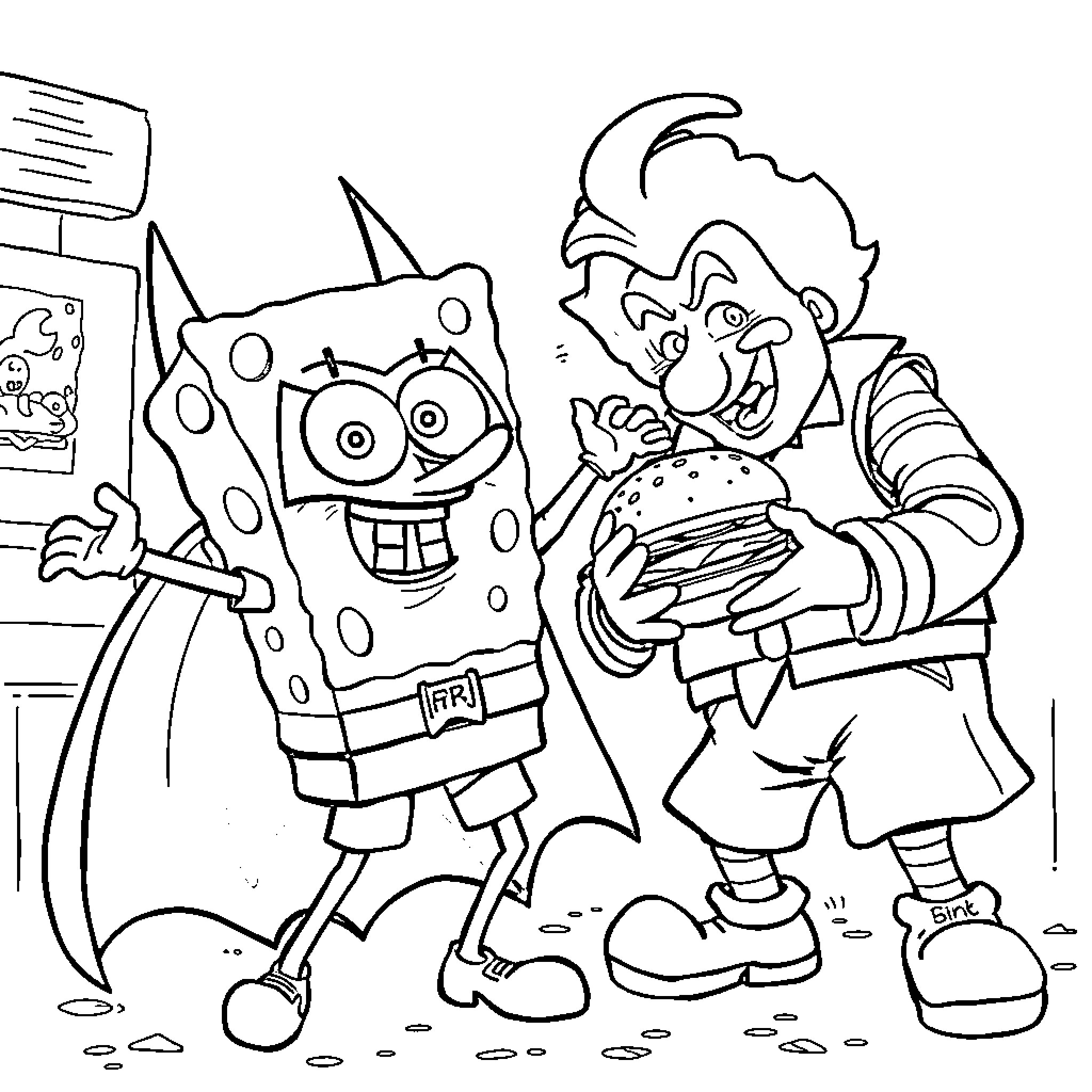 Spongebob and his friend enjoy a tasty burger Coloring Page (free black-and-white line drawing printable PDF for all, from beginners to advanced learners, including children, teens, adults, and seniors)