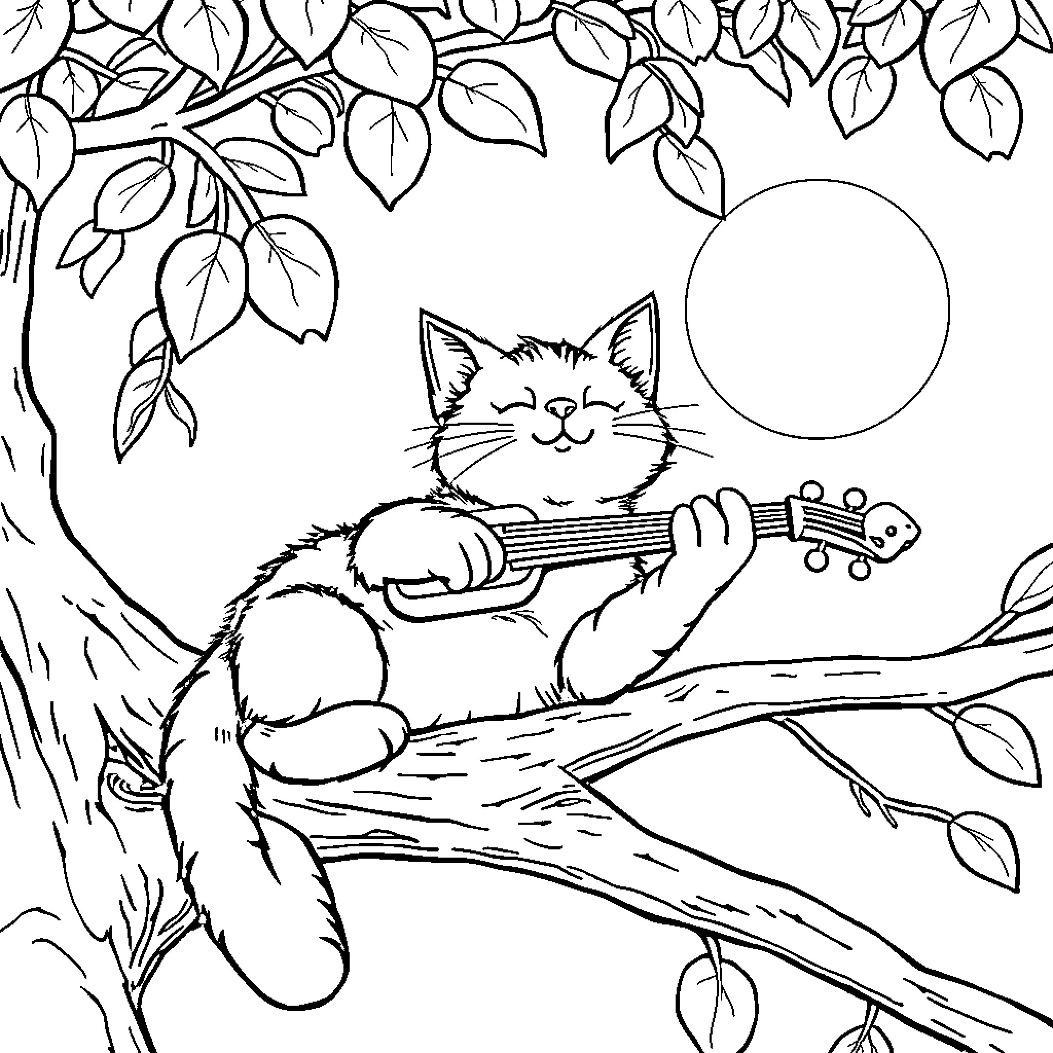 Cat playing guitar under the moon Coloring Page (free black-and-white line drawing printable PDF for all, from beginners to advanced learners, including children, teens, adults, and seniors)
