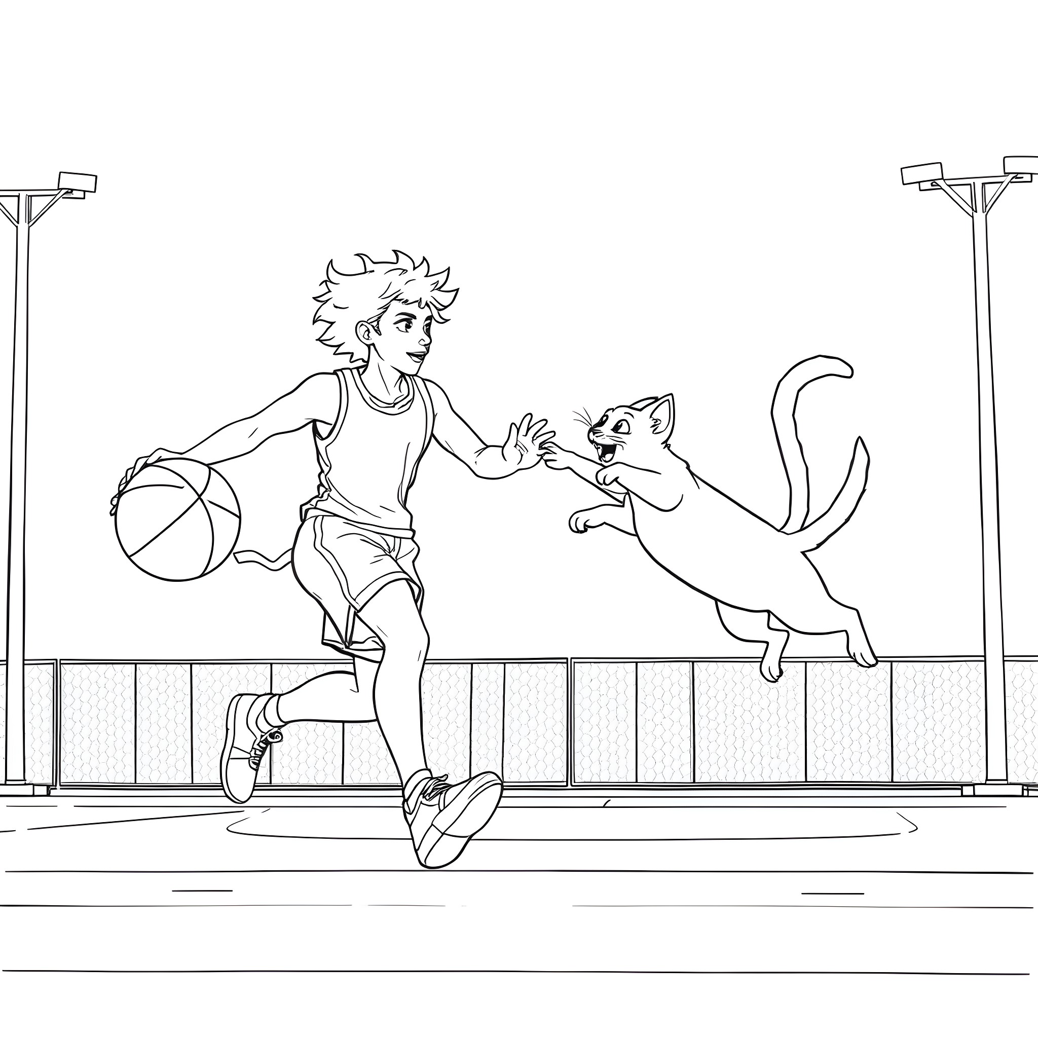 Raphael playing basketball with a cat on the court Coloring Page (free black-and-white line drawing printable PDF for all, from beginners to advanced learners, including children, teens, adults, and seniors)