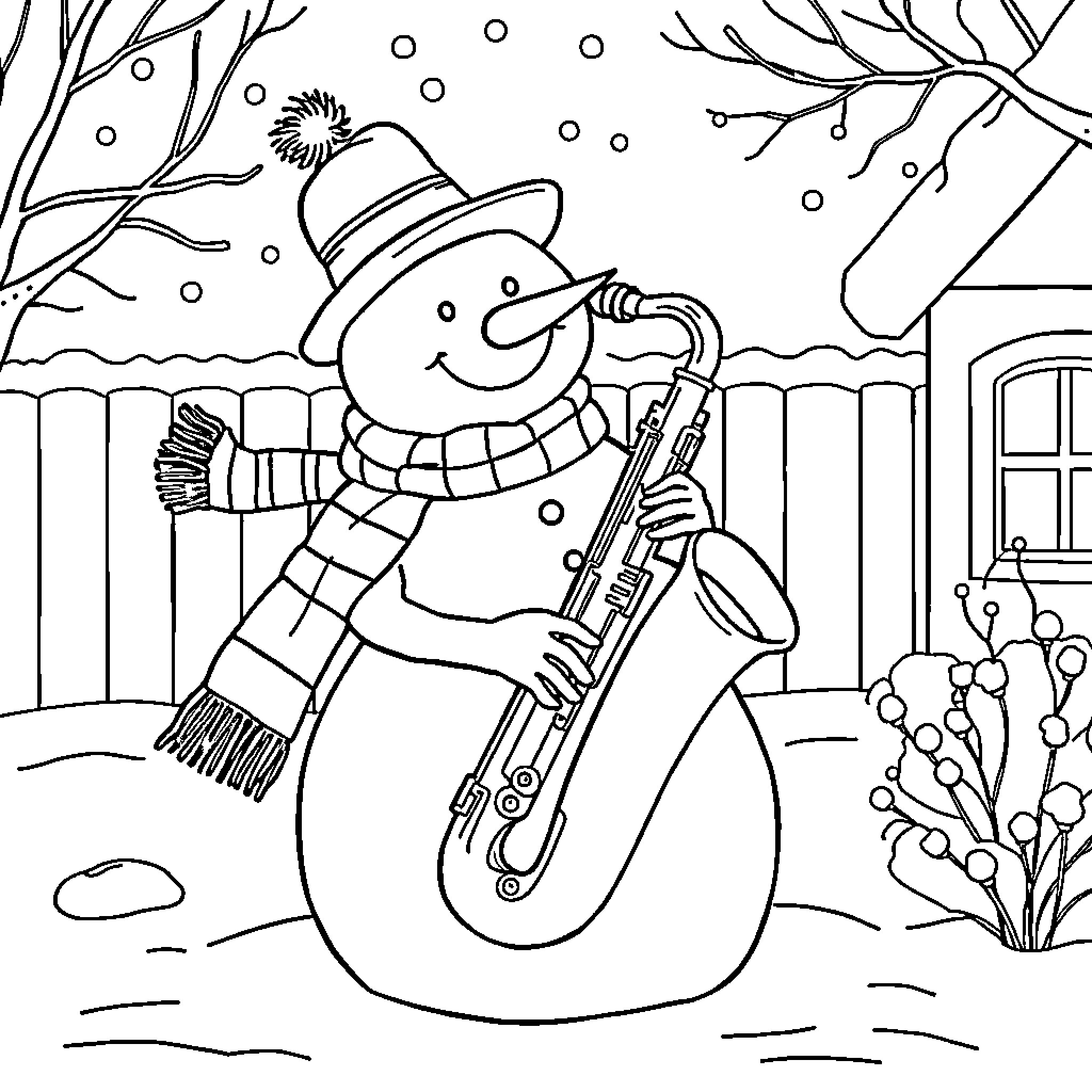Snowman playing saxophone in winter wonderland Coloring Page (free black-and-white line drawing printable PDF for all, from beginners to advanced learners, including children, teens, adults, and seniors)