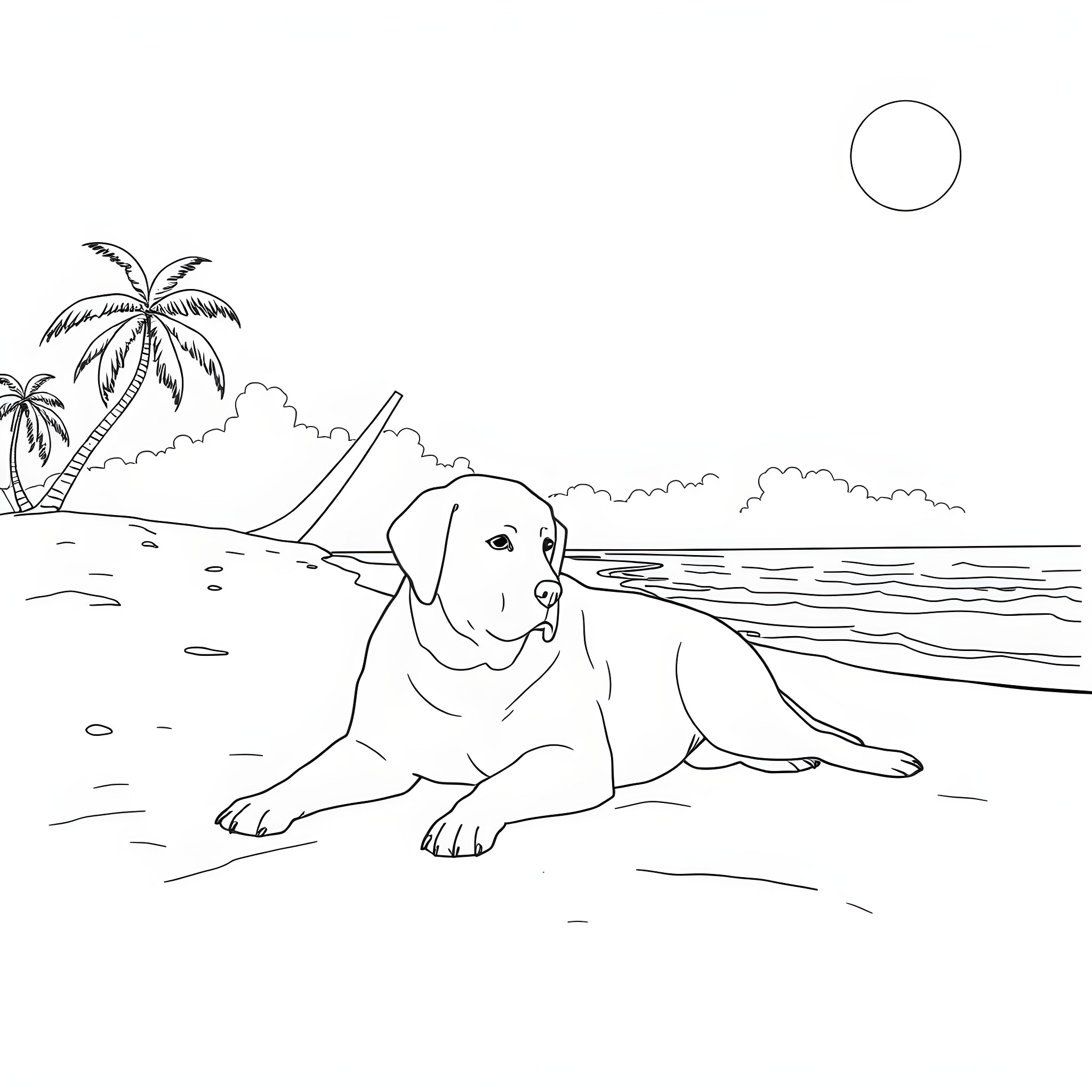Labrador relaxing on the beach Coloring Page (free black-and-white line drawing printable PDF for all, from beginners to advanced learners, including children, teens, adults, and seniors)