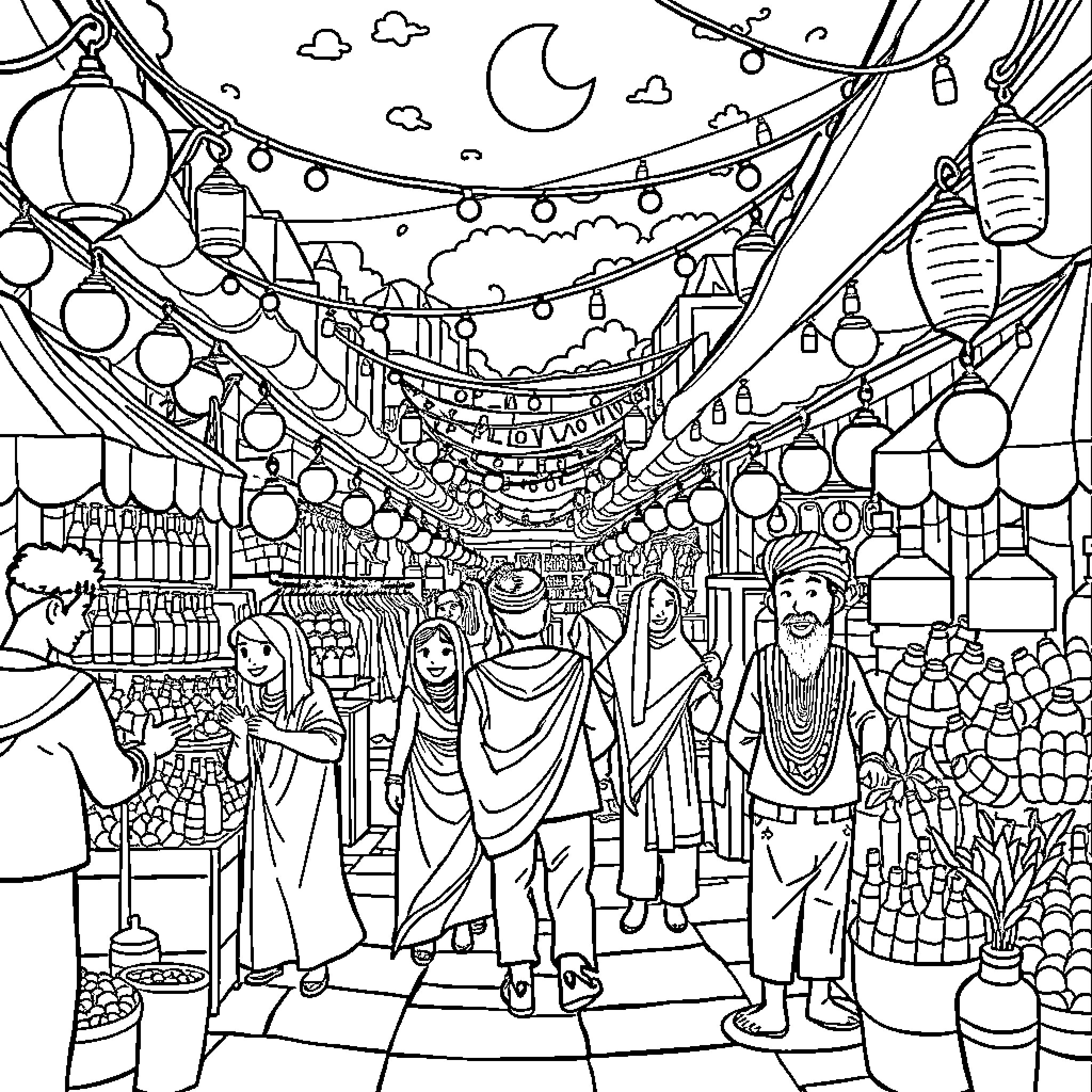Tum Tum Sahoul: Vibrant Lanterns and Festive Celebrations Coloring Page (free black-and-white line drawing printable PDF for all, from beginners to advanced learners, including children, teens, adults, and seniors)