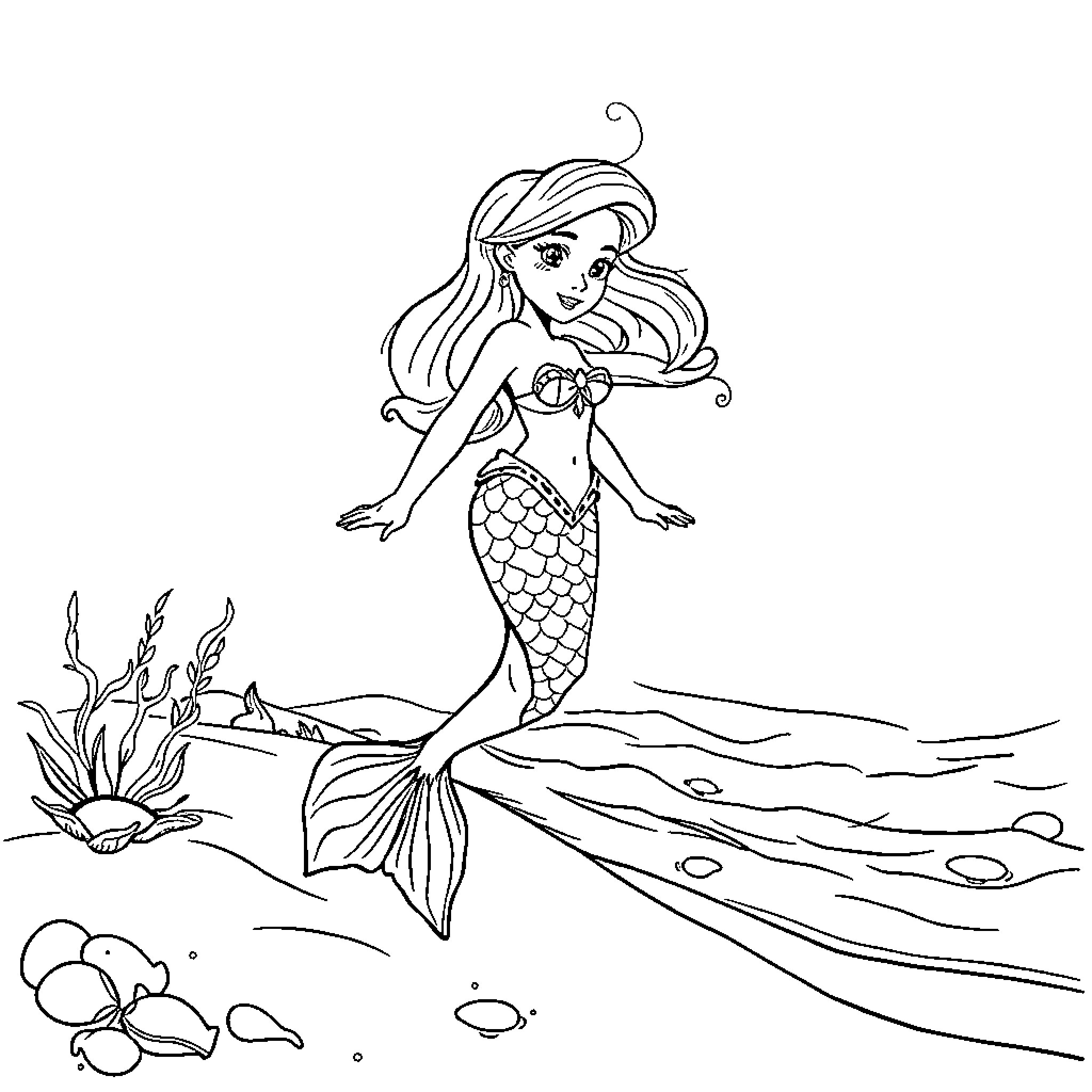 Mermaid swimming gracefully in the ocean Coloring Page (free black-and-white line drawing printable PDF for all, from beginners to advanced learners, including children, teens, adults, and seniors)