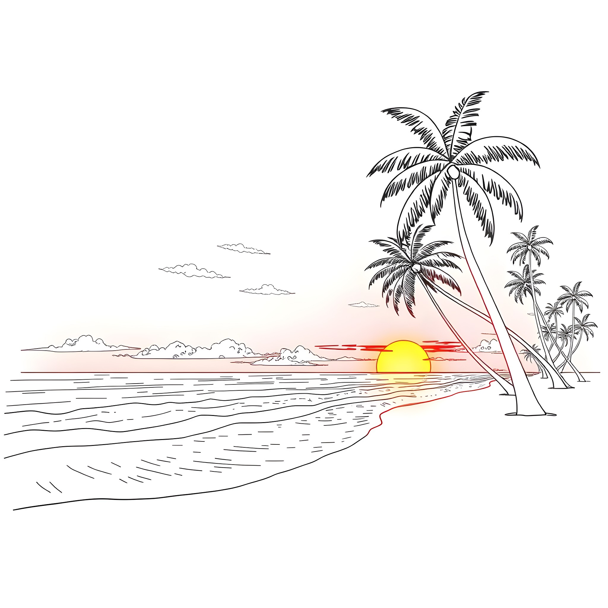 Nature's Serene Coastal Sunset Coloring Page (free black-and-white line drawing printable PDF for all, from beginners to advanced learners, including children, teens, adults, and seniors)