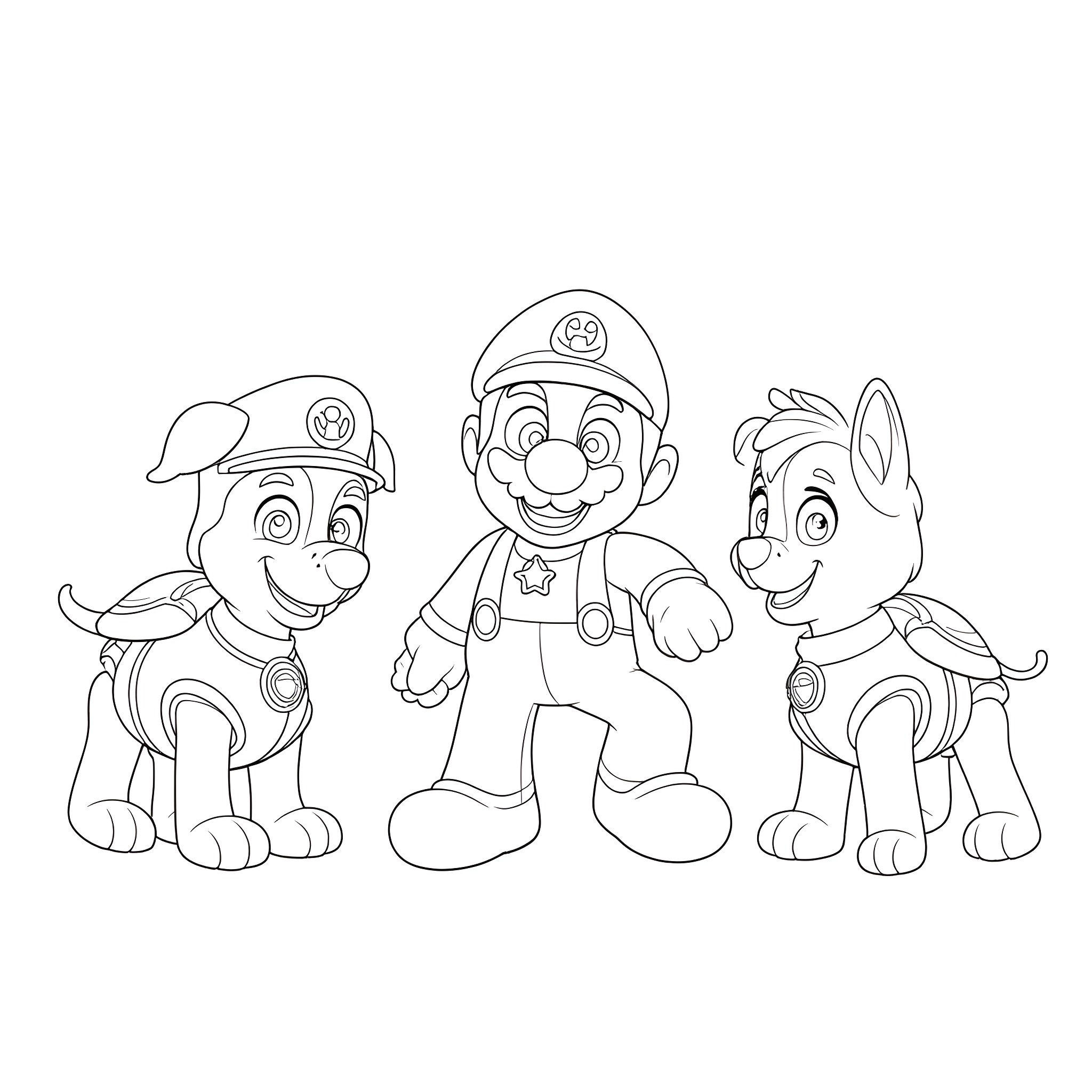 Super Mario and Paw Patrol Friends Enjoying Adventure Coloring Page (free black-and-white line drawing printable PDF for all, from beginners to advanced learners, including children, teens, adults, and seniors)