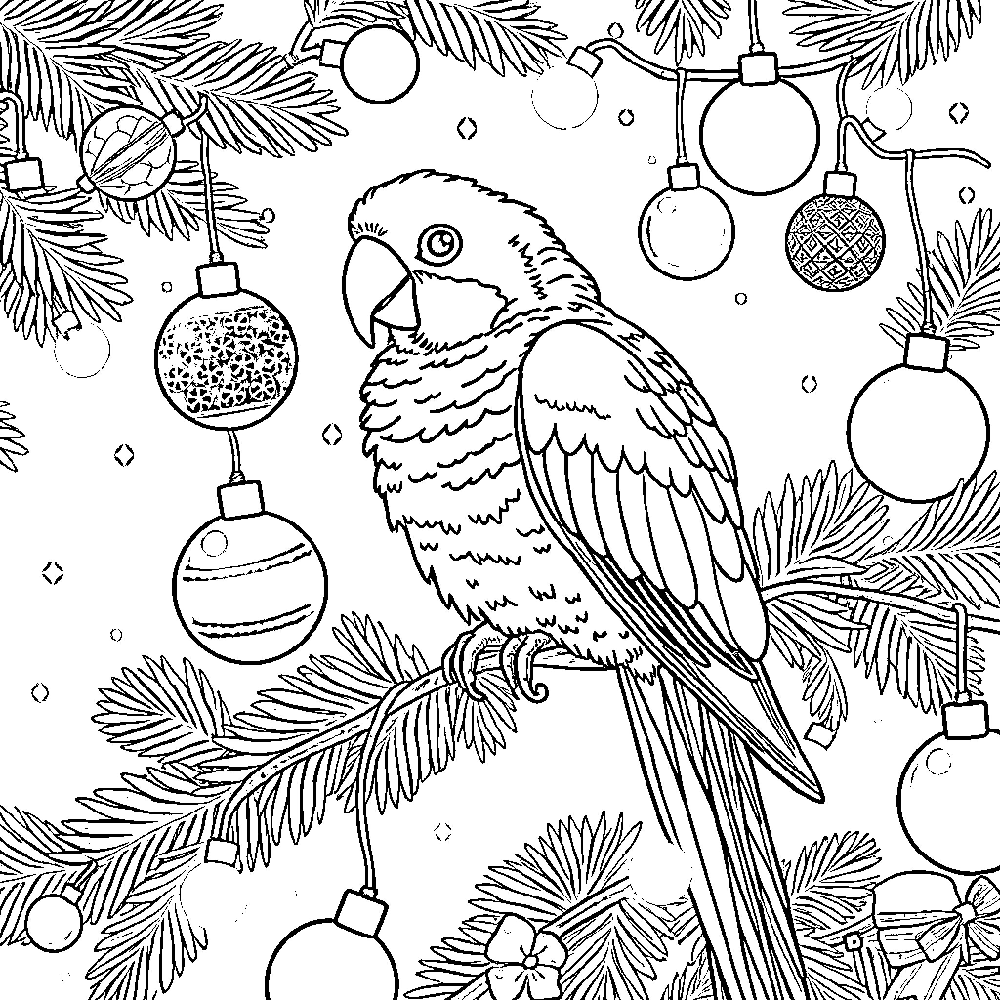 Parrot perched among Christmas ornaments and pine branches Coloring Page (free black-and-white line drawing printable PDF for all, from beginners to advanced learners, including children, teens, adults, and seniors)