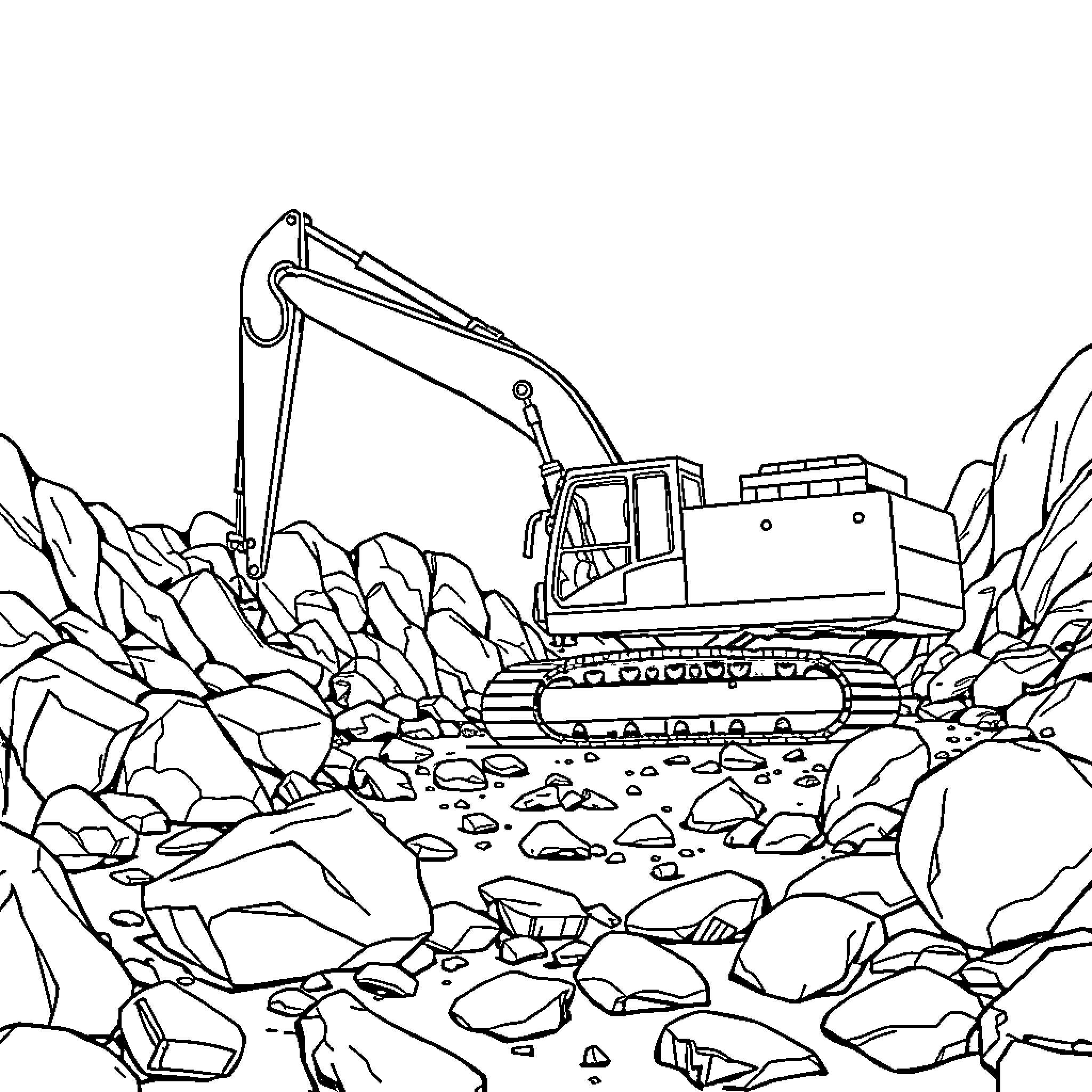 Excavator in a rocky construction site Coloring Page (free black-and-white line drawing printable PDF for all, from beginners to advanced learners, including children, teens, adults, and seniors)