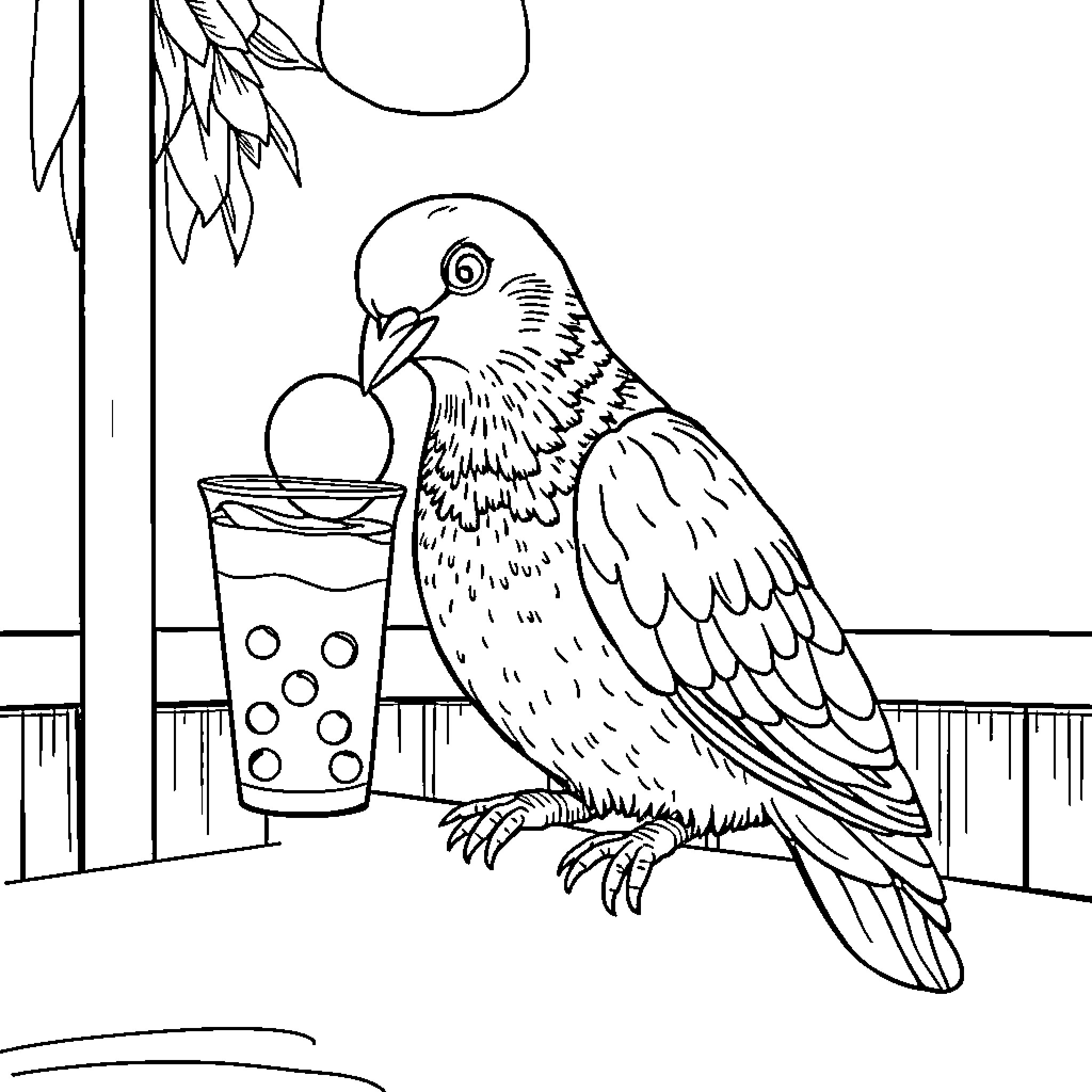 Pigeon enjoying a refreshing drink on a porch Coloring Page (free black-and-white line drawing printable PDF for all, from beginners to advanced learners, including children, teens, adults, and seniors)