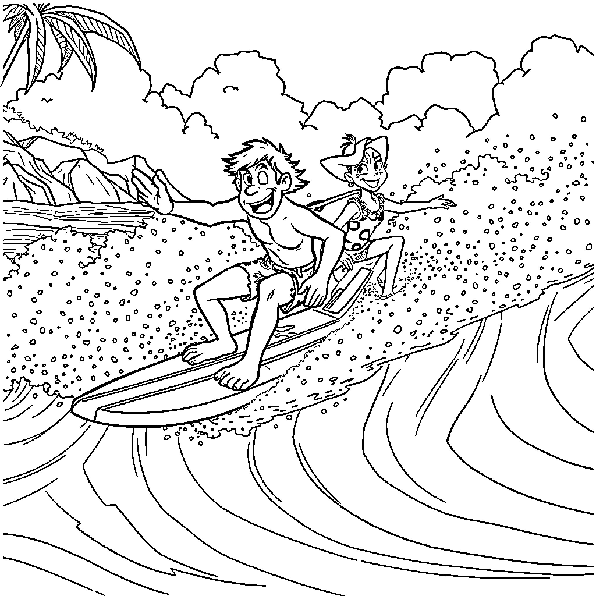 Tarzan and Jane surfing on tropical waves Coloring Page (free black-and-white line drawing printable PDF for all, from beginners to advanced learners, including children, teens, adults, and seniors)