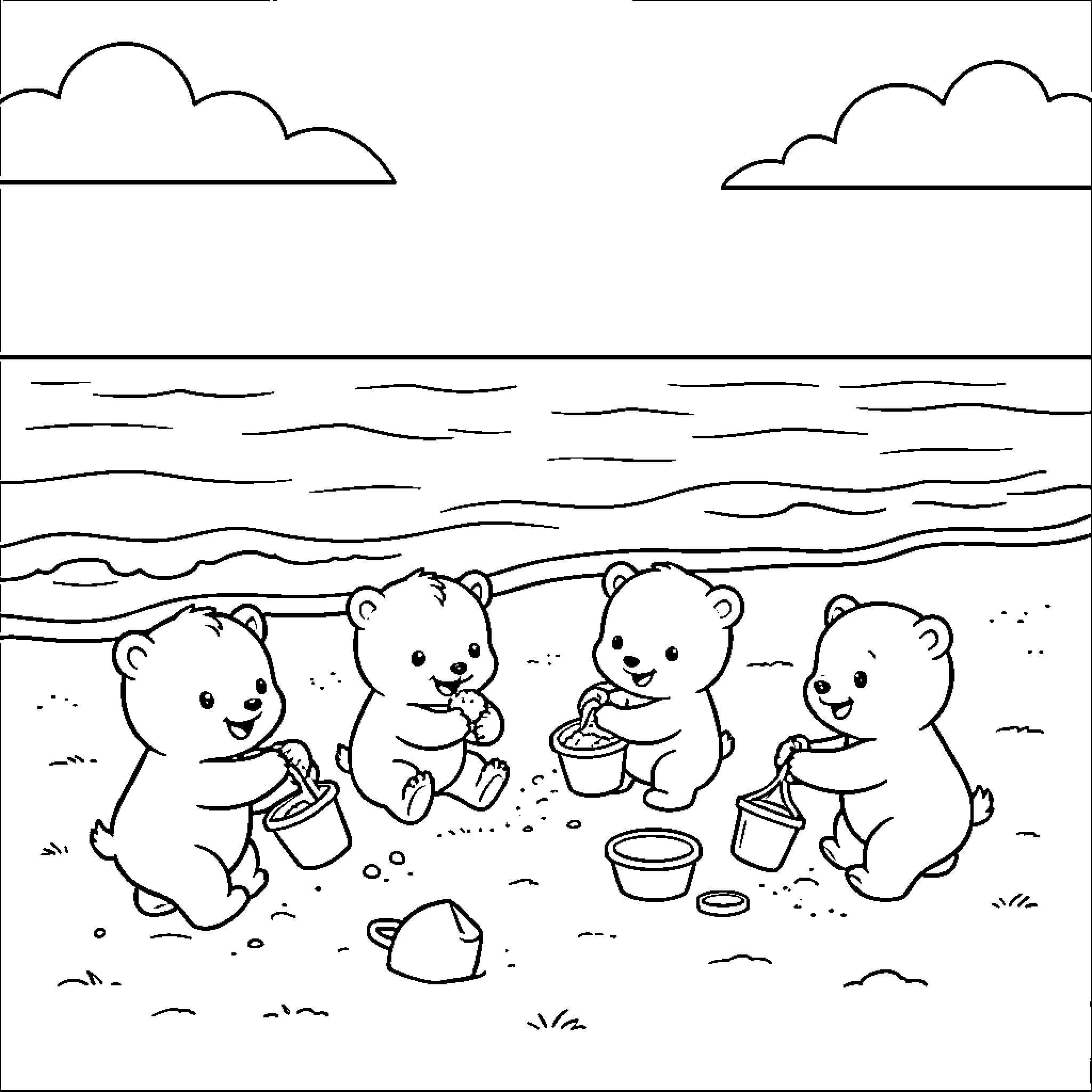 Bear cubs playing with buckets on the beach Coloring Page (free black-and-white line drawing printable PDF for all, from beginners to advanced learners, including children, teens, adults, and seniors)
