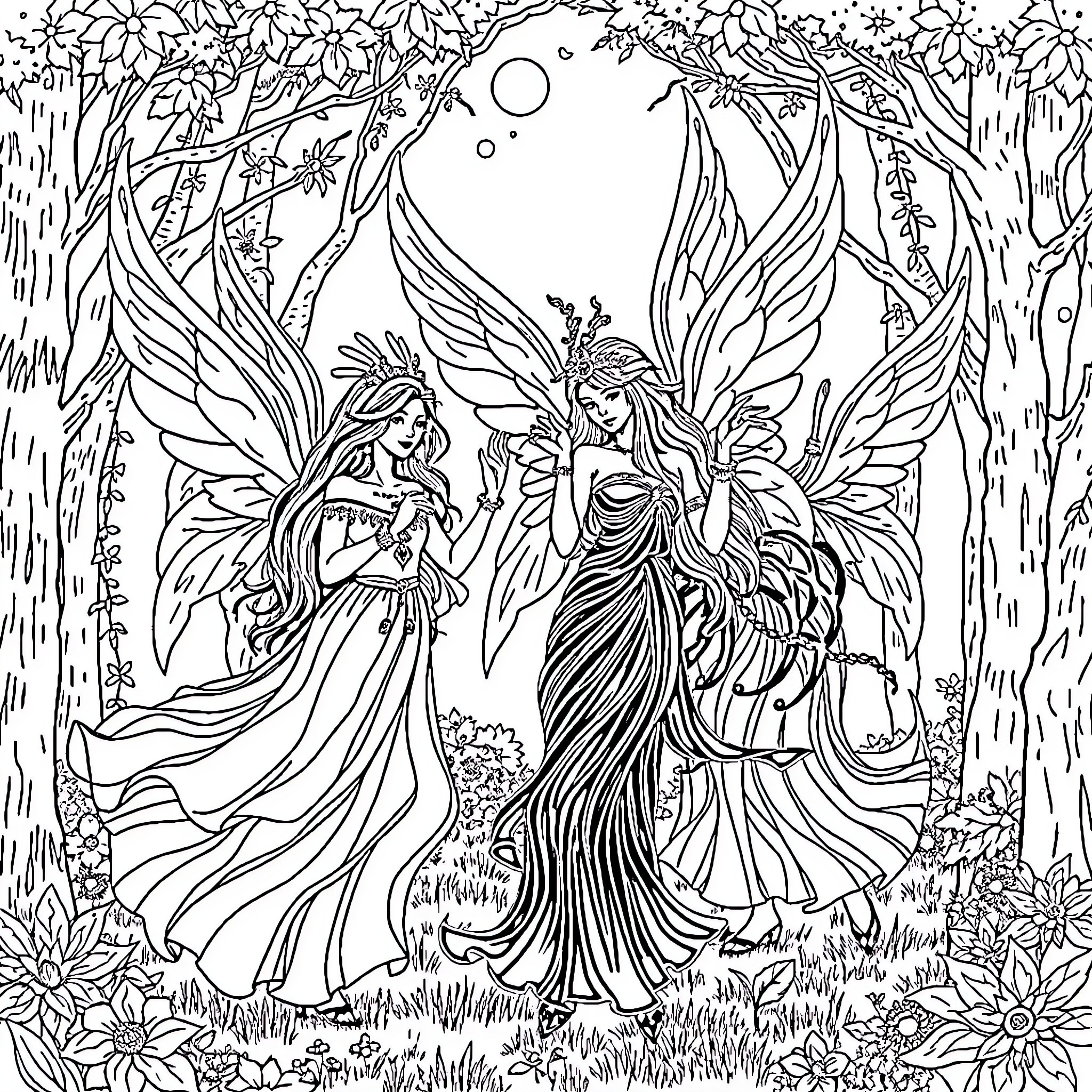 Fairy Sisters in Enchanted Forest Coloring Page (free black-and-white line drawing printable PDF for all, from beginners to advanced learners, including children, teens, adults, and seniors)