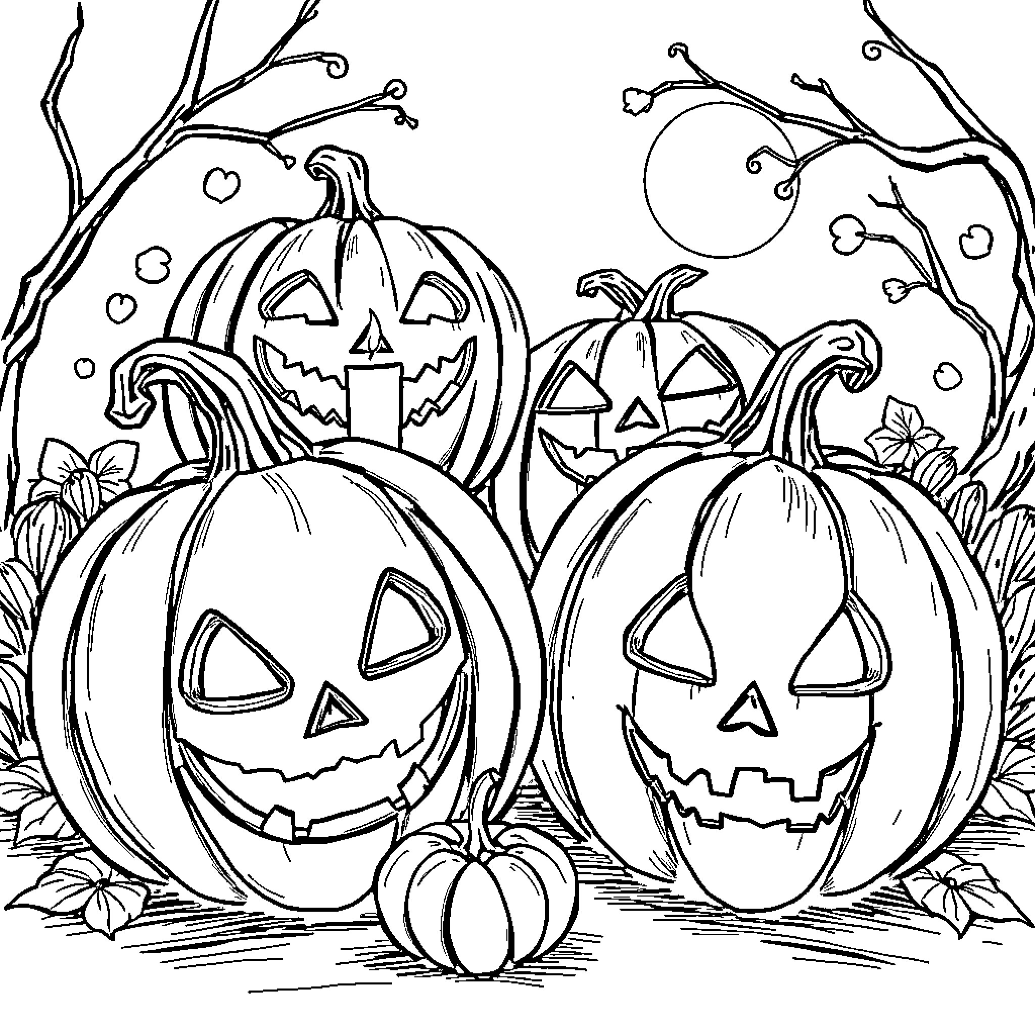 Pumpkin Halloween Scene with Carved Lanterns Coloring Page (free black-and-white line drawing printable PDF for all, from beginners to advanced learners, including children, teens, adults, and seniors)