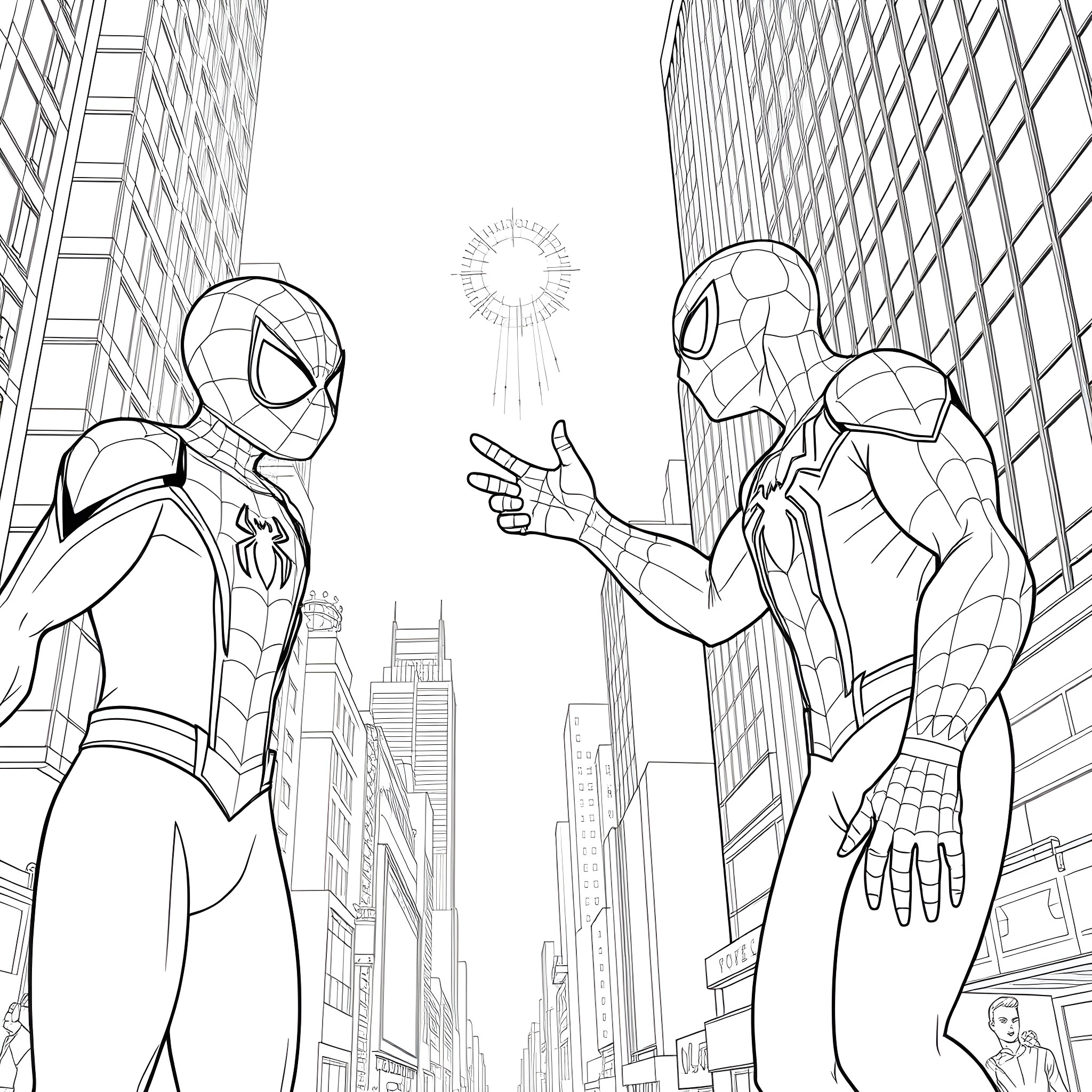 Spiderman characters exploring the city skyline Coloring Page (free black-and-white line drawing printable PDF for all, from beginners to advanced learners, including children, teens, adults, and seniors)