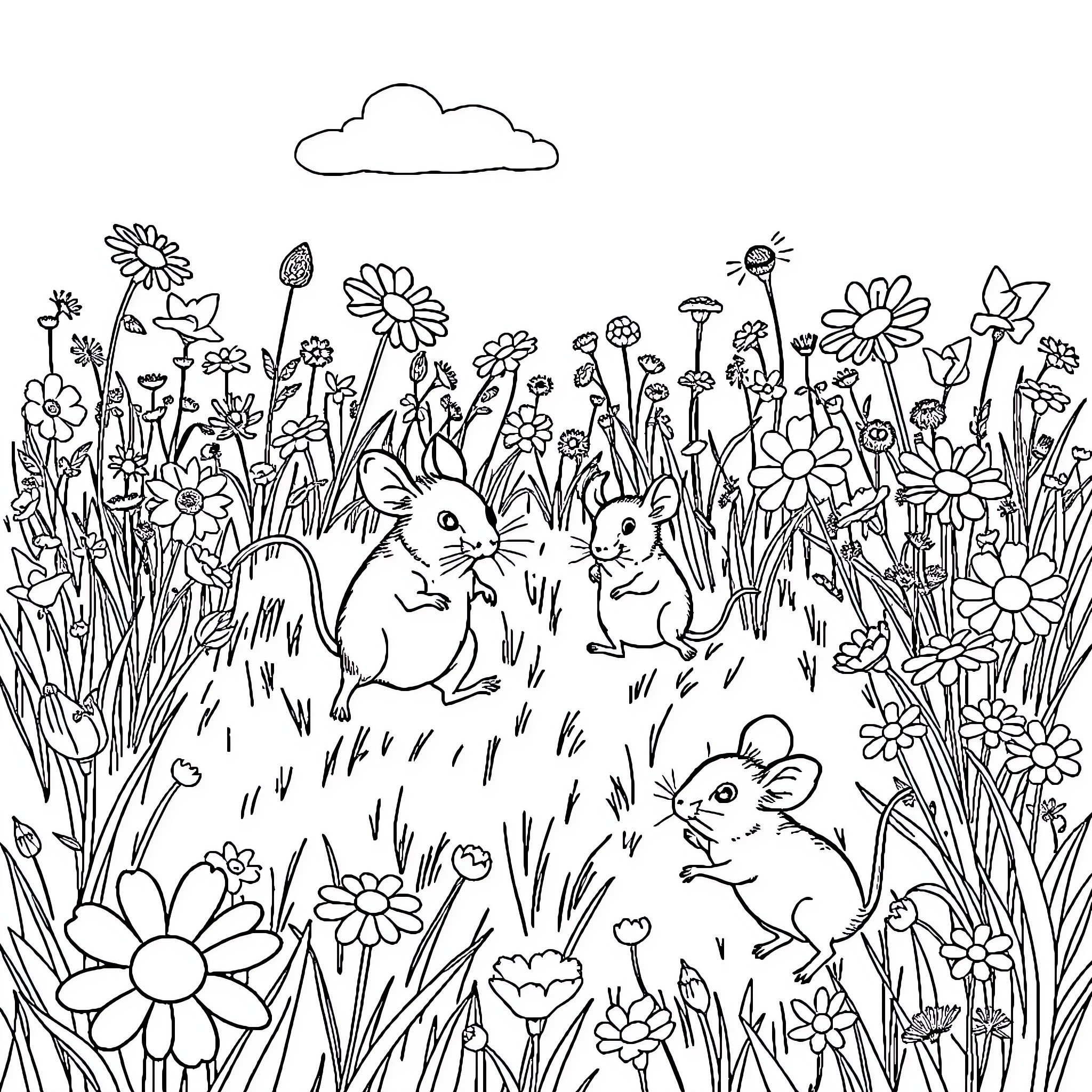 Mouse friends in a whimsical floral garden Coloring Page (free black-and-white line drawing printable PDF for all, from beginners to advanced learners, including children, teens, adults, and seniors)