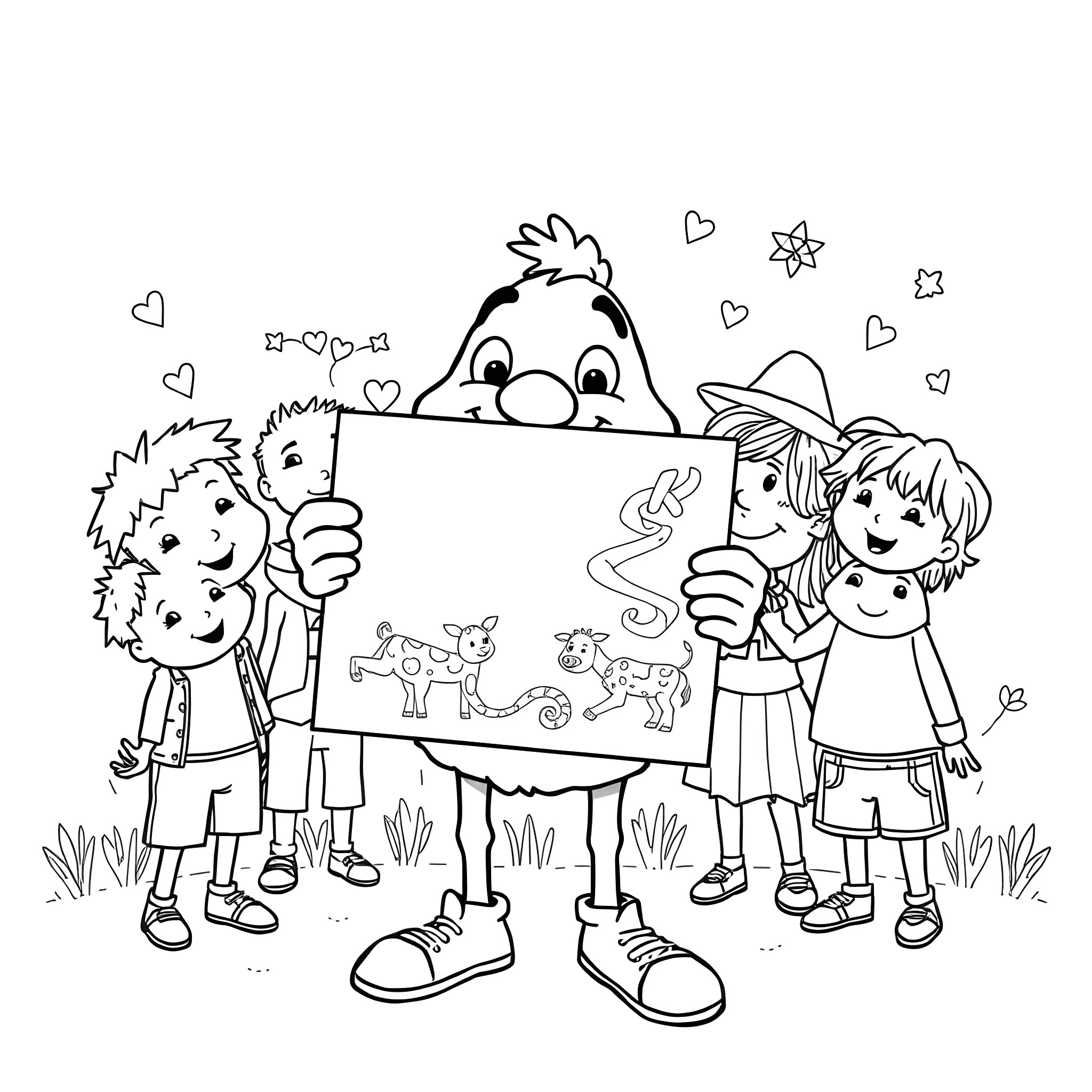 Willie B Shares His Drawing with Friends Coloring Page (free black-and-white line drawing printable PDF for all, from beginners to advanced learners, including children, teens, adults, and seniors)