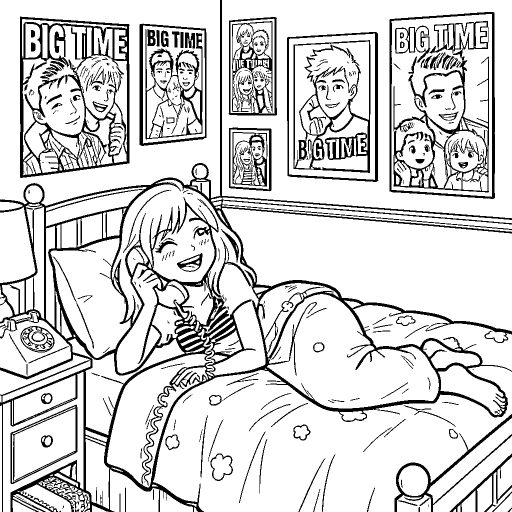 Girl relaxing and talking on the phone in her room Coloring Page (free black-and-white line drawing printable PDF for all, from beginners to advanced learners, including children, teens, adults, and seniors)