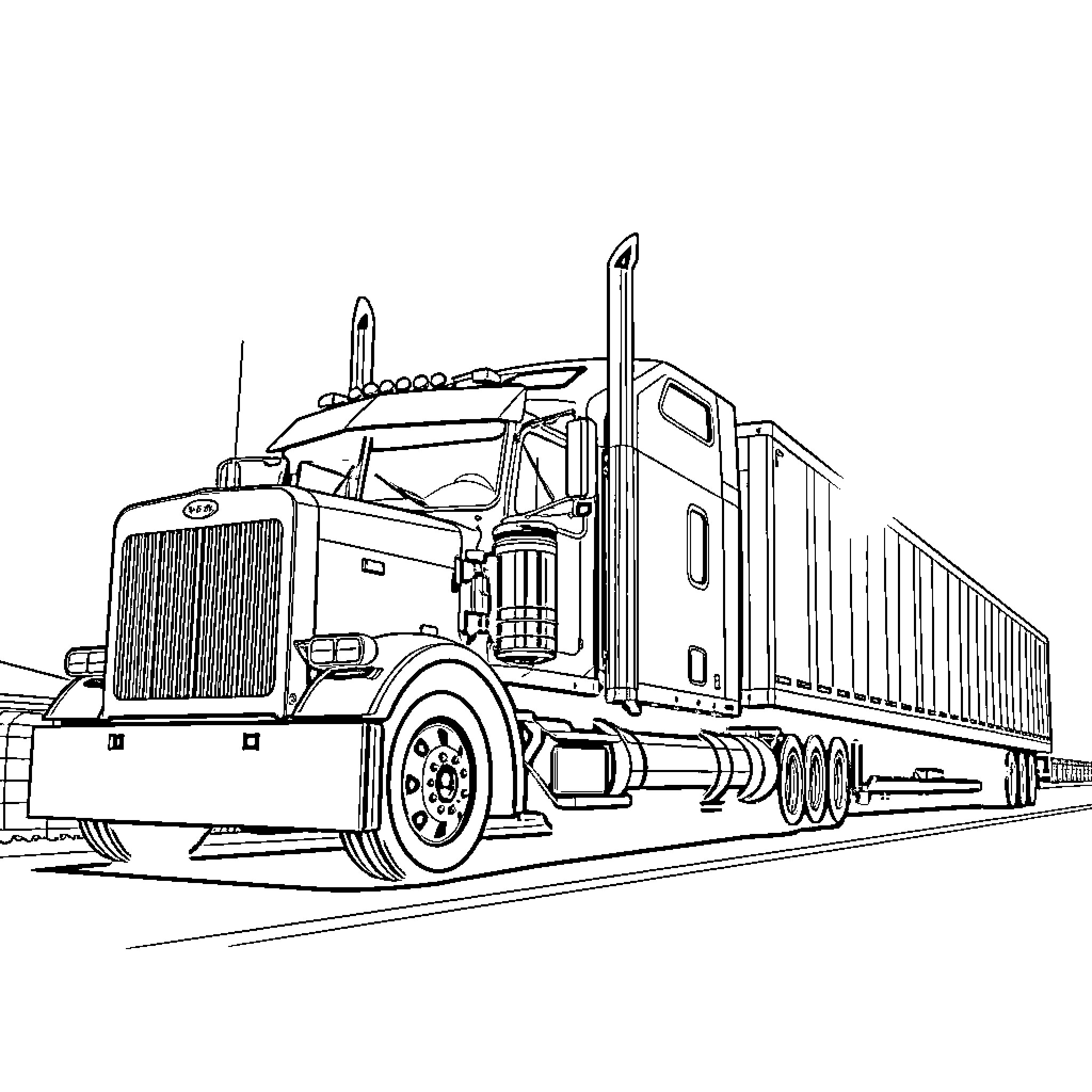 Semitruck transporting large cargo on highway Coloring Page (free black-and-white line drawing printable PDF for all, from beginners to advanced learners, including children, teens, adults, and seniors)