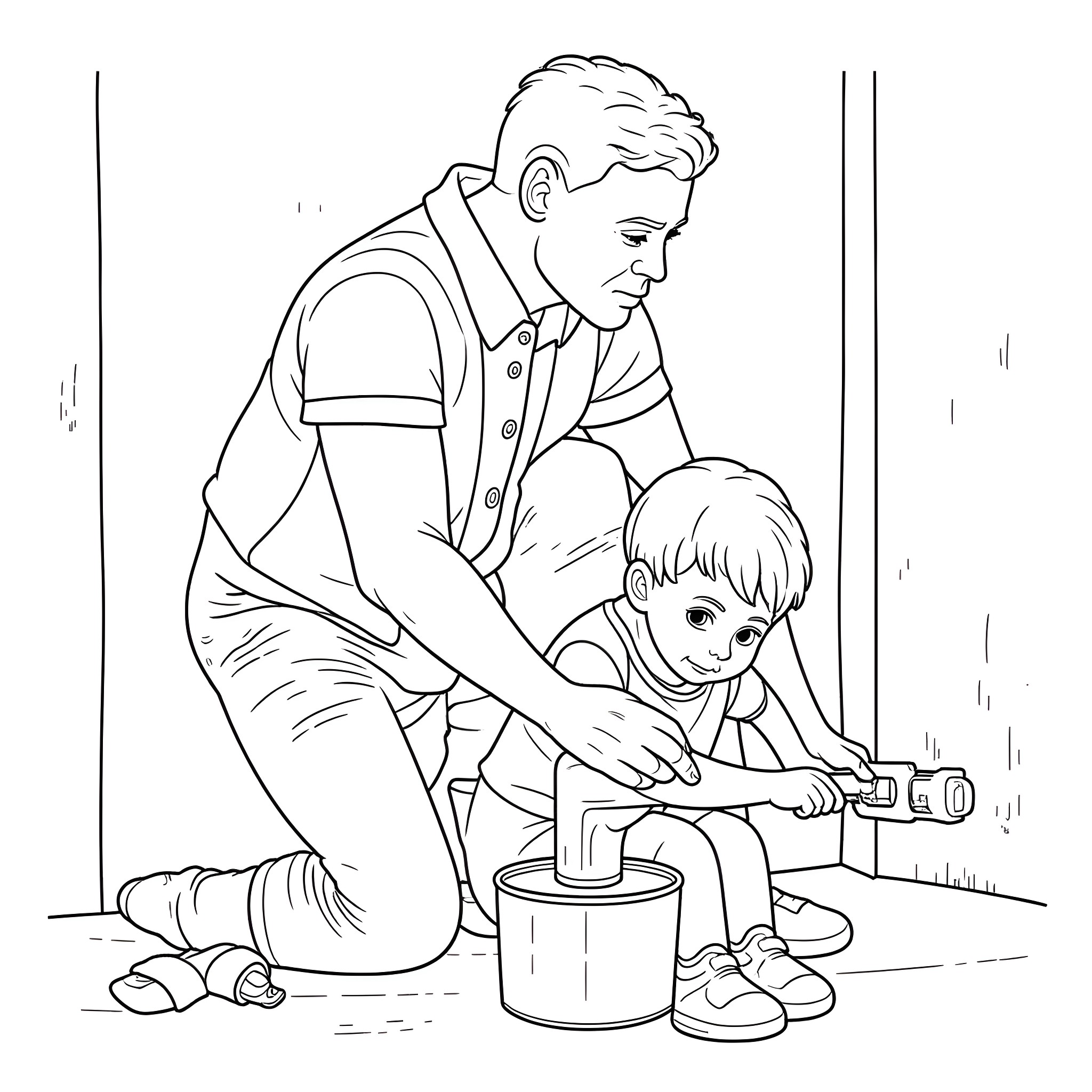 Boy helping child work on craft project Coloring Page (free black-and-white line drawing printable PDF for all, from beginners to advanced learners, including children, teens, adults, and seniors)
