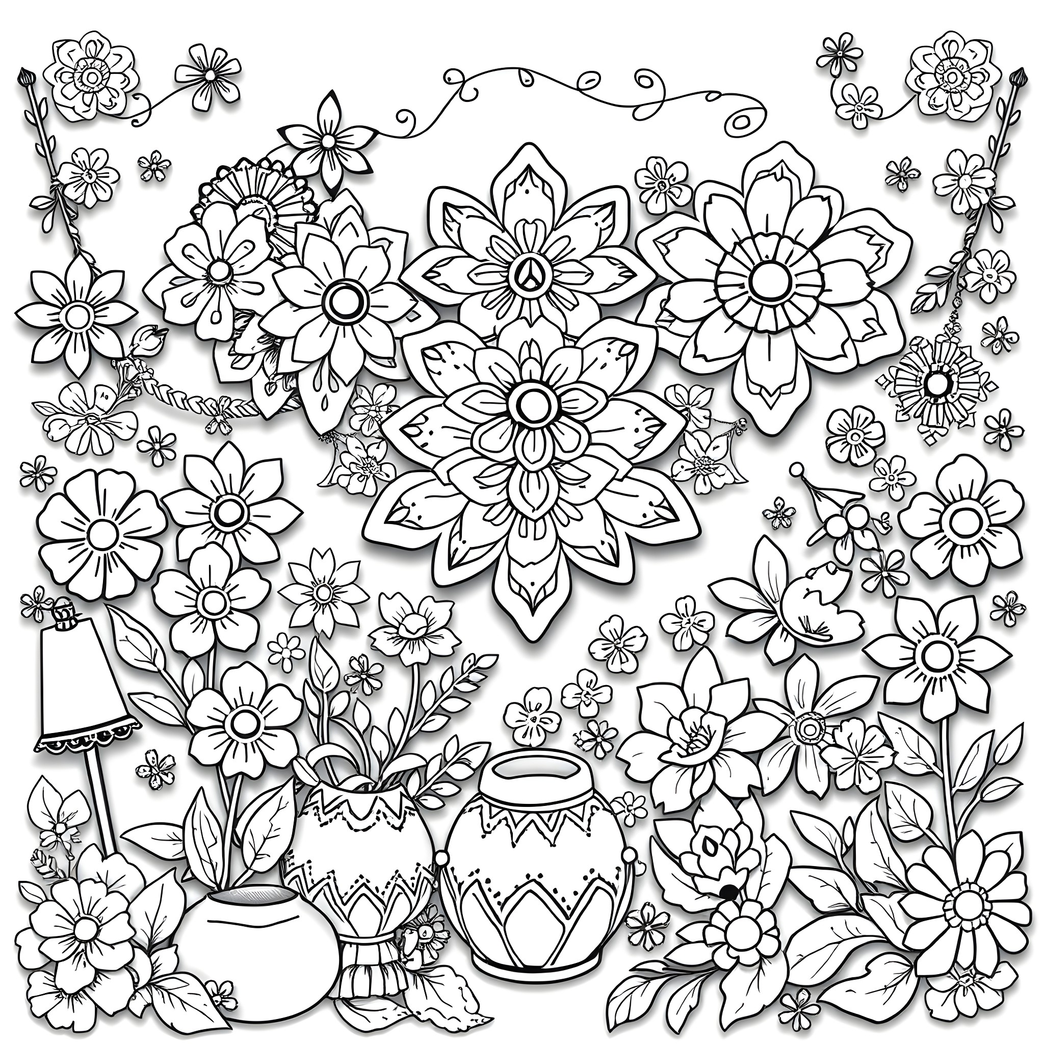 Paper Flowers Blooming in Elegant Arrangement Coloring Page (free black-and-white line drawing printable PDF for all, from beginners to advanced learners, including children, teens, adults, and seniors)