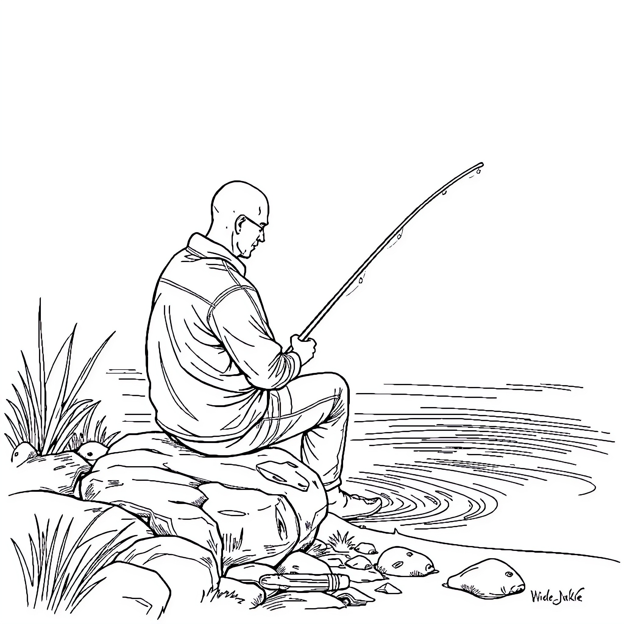 Man fishing peacefully by the lake Coloring Page (free black-and-white line drawing printable PDF for all, from beginners to advanced learners, including children, teens, adults, and seniors)