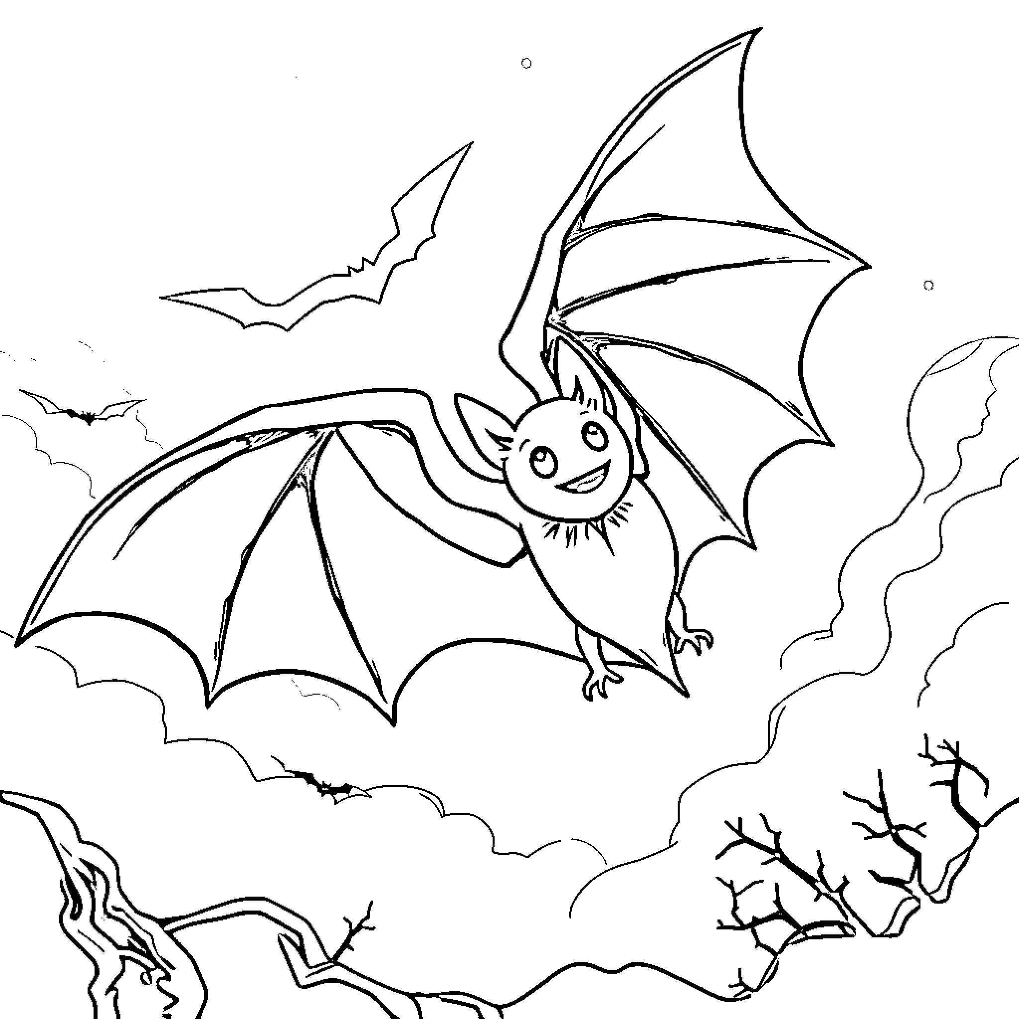 Bat flying amidst spooky night scene Coloring Page (free black-and-white line drawing printable PDF for all, from beginners to advanced learners, including children, teens, adults, and seniors)