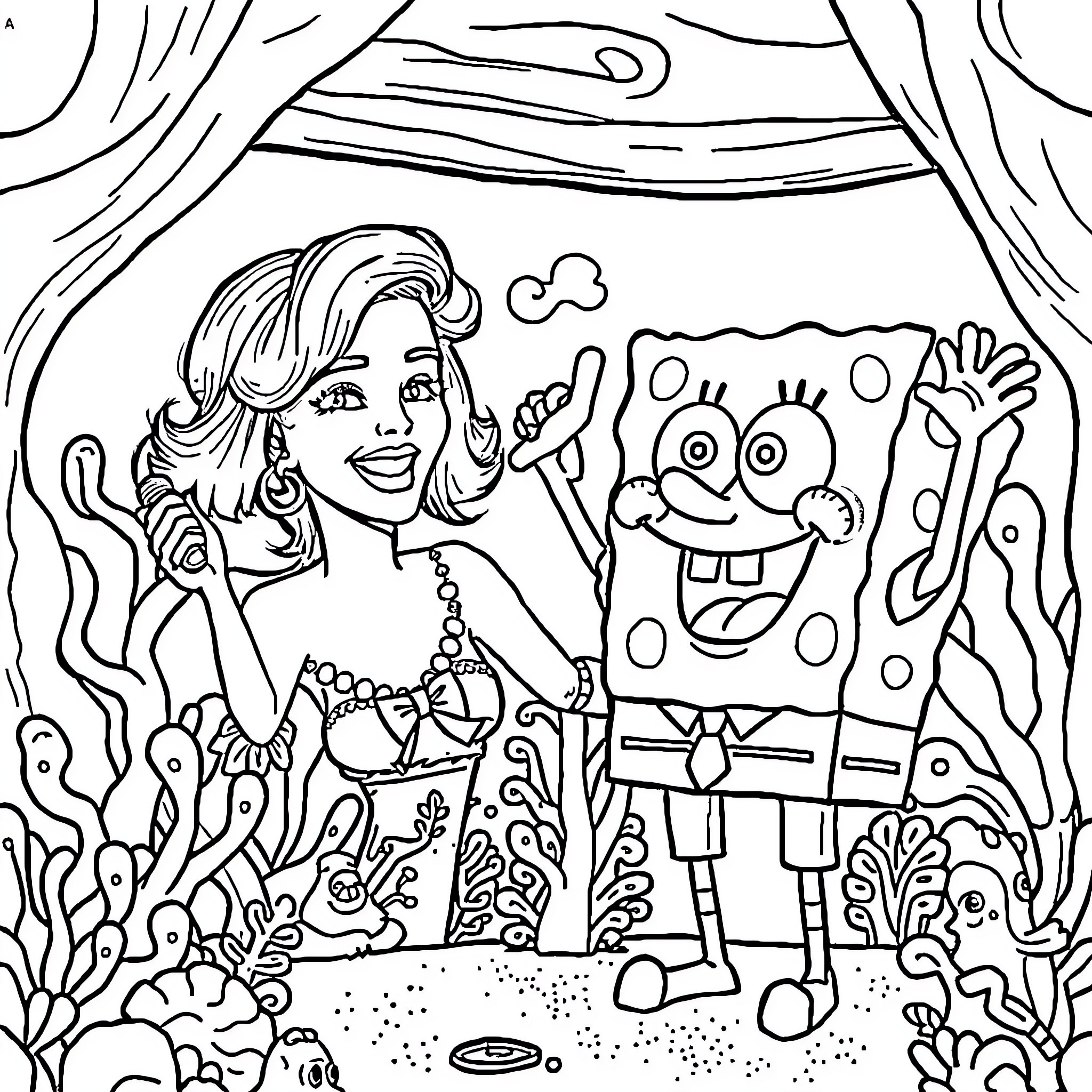 Katy Perry performing with SpongeBob SquarePants on stage Coloring Page (free black-and-white line drawing printable PDF for all, from beginners to advanced learners, including children, teens, adults, and seniors)
