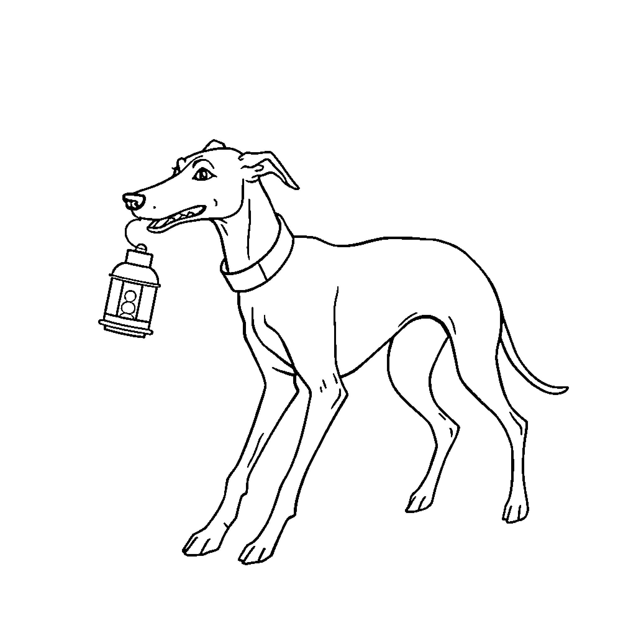 Greyhound carrying a lantern Coloring Page (free black-and-white line drawing printable PDF for all, from beginners to advanced learners, including children, teens, adults, and seniors)