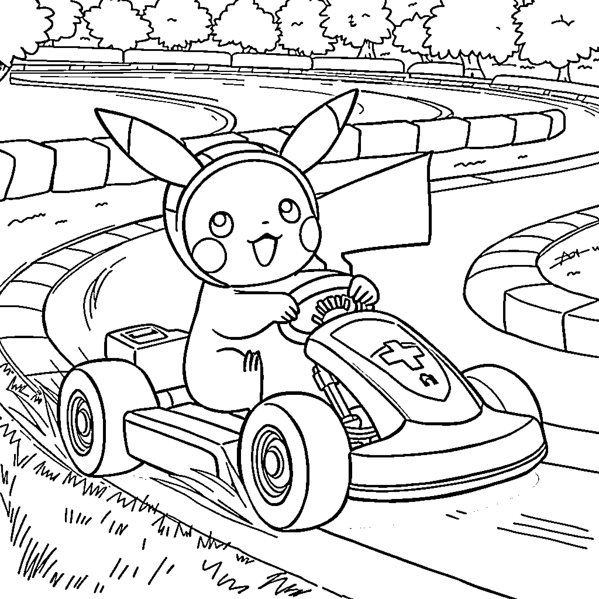 Pikachu racing on a go-kart track Coloring Page (free black-and-white line drawing printable PDF for all, from beginners to advanced learners, including children, teens, adults, and seniors)