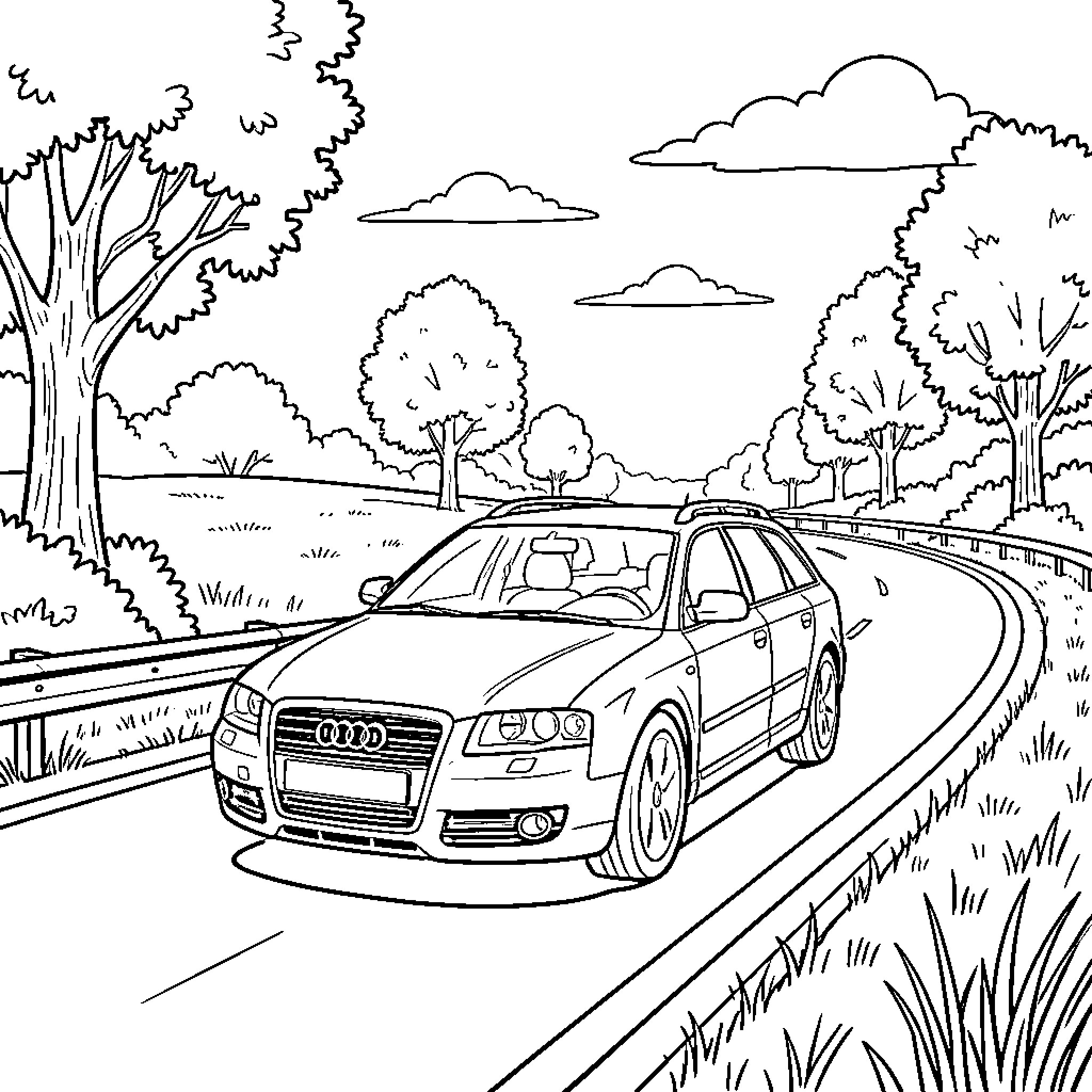 Audi car driving on winding road through scenic landscape Coloring Page (free black-and-white line drawing printable PDF for all, from beginners to advanced learners, including children, teens, adults, and seniors)