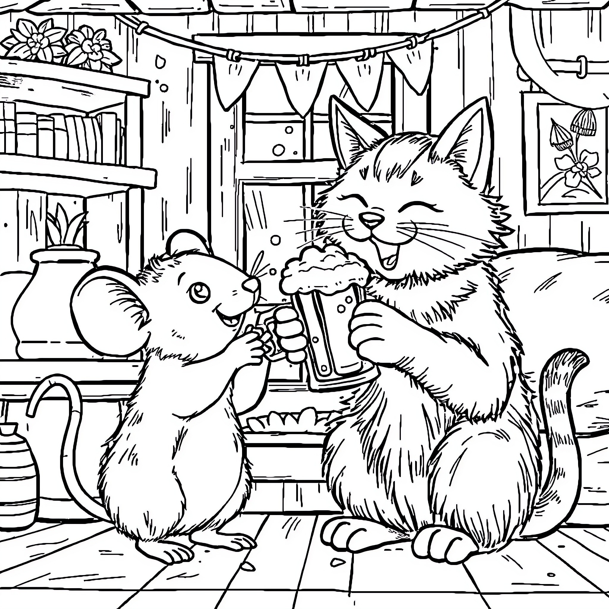 Mouse and Cat Enjoying a Cozy Day Indoors Coloring Page (free black-and-white line drawing printable PDF for all, from beginners to advanced learners, including children, teens, adults, and seniors)