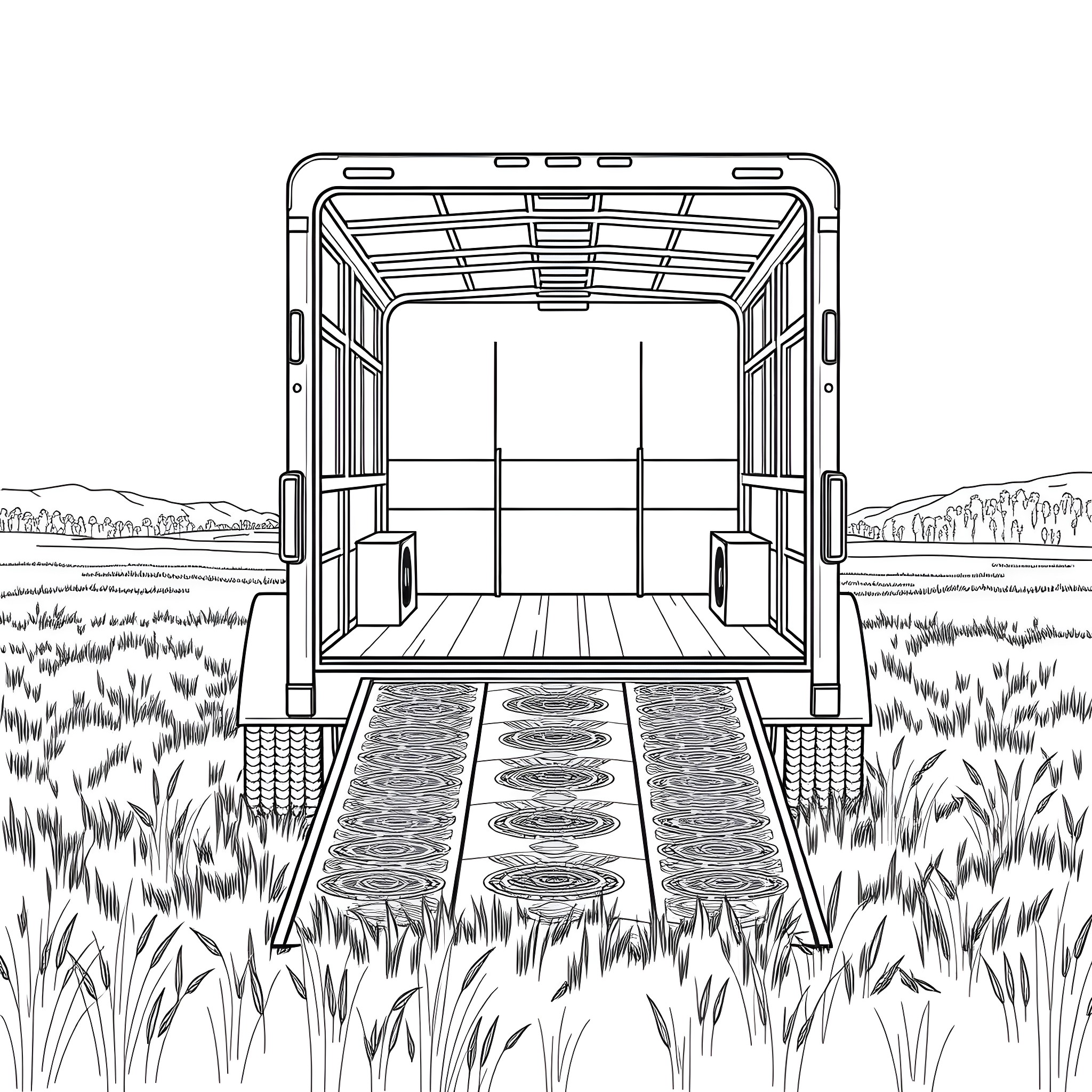 Car Trailer Transporting Goods through the Countryside Coloring Page (free black-and-white line drawing printable PDF for all, from beginners to advanced learners, including children, teens, adults, and seniors)