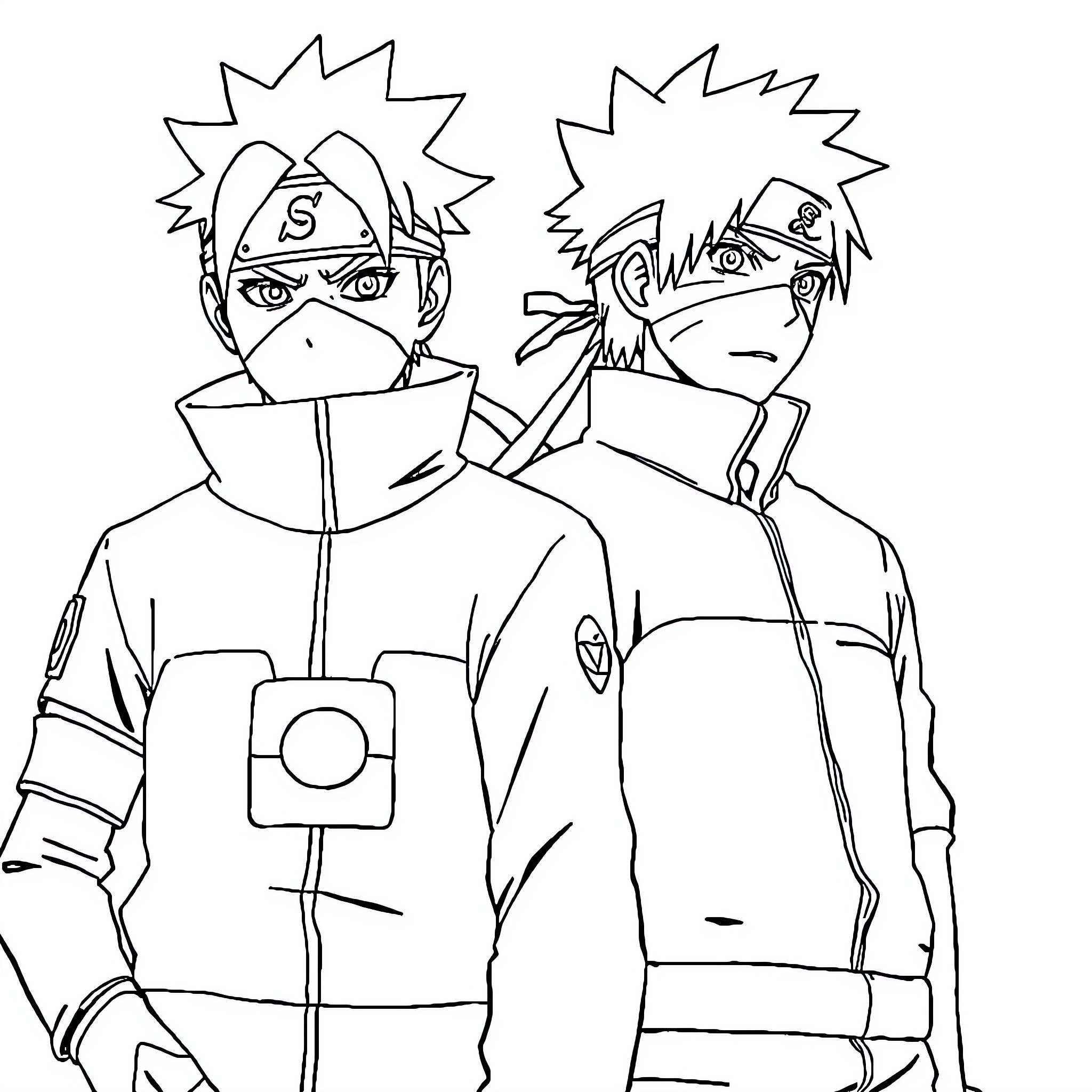 Naruto characters in action poses with ninja gear Coloring Page (free black-and-white line drawing printable PDF for all, from beginners to advanced learners, including children, teens, adults, and seniors)