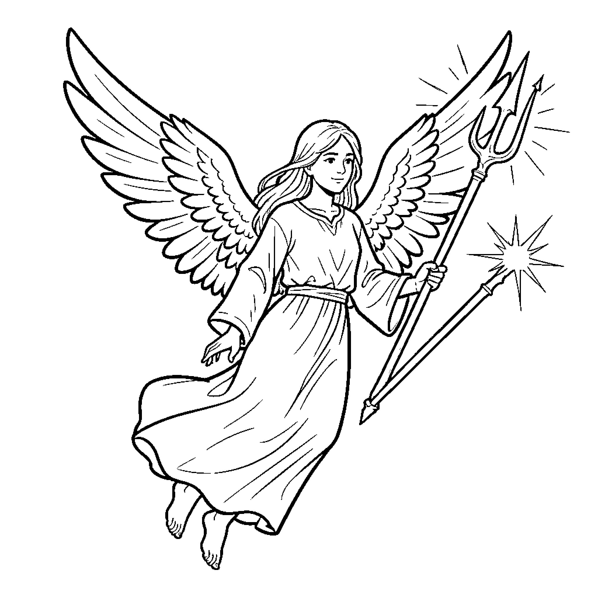 Angel flying while holding a celestial trident Coloring Page (free black-and-white line drawing printable PDF for all, from beginners to advanced learners, including children, teens, adults, and seniors)