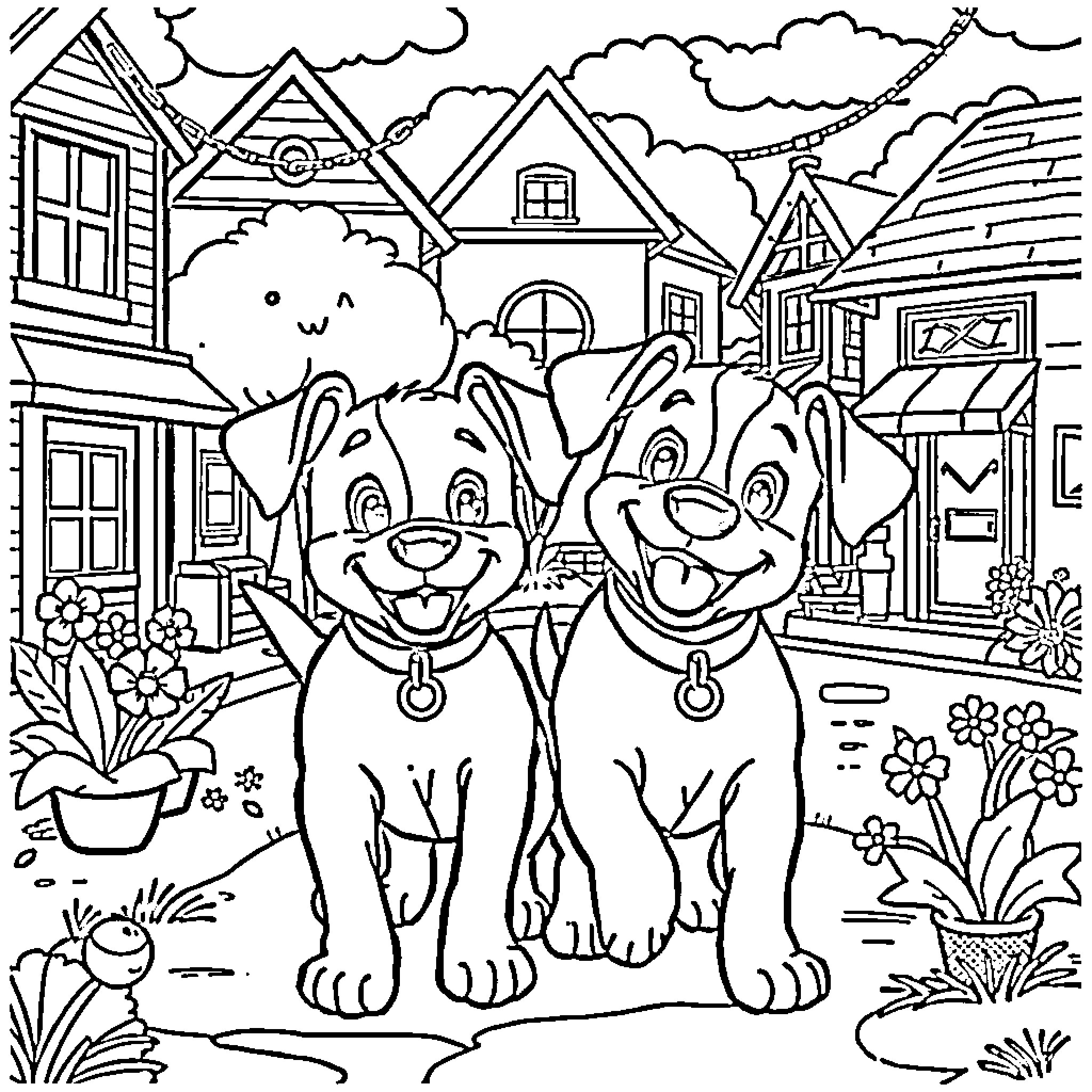 Bingo! Friendly Pups Explore Charming Village Coloring Page (free black-and-white line drawing printable PDF for all, from beginners to advanced learners, including children, teens, adults, and seniors)
