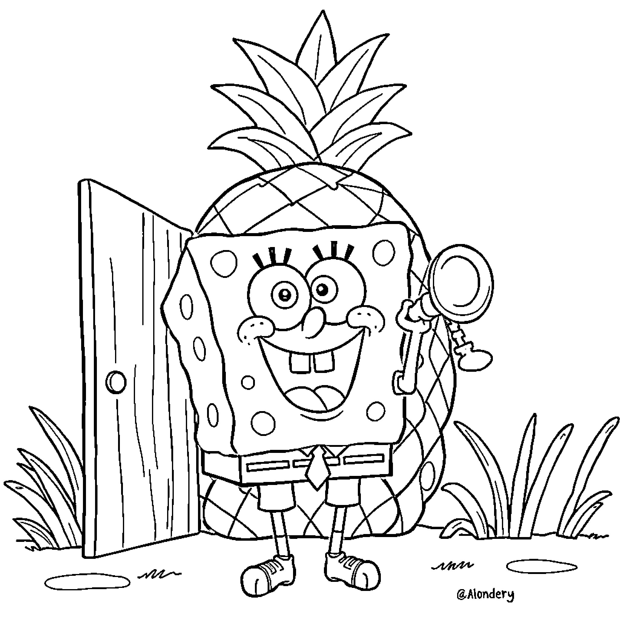 Spongebob Enjoying an Adventure in the Tropics Coloring Page (free black-and-white line drawing printable PDF for all, from beginners to advanced learners, including children, teens, adults, and seniors)