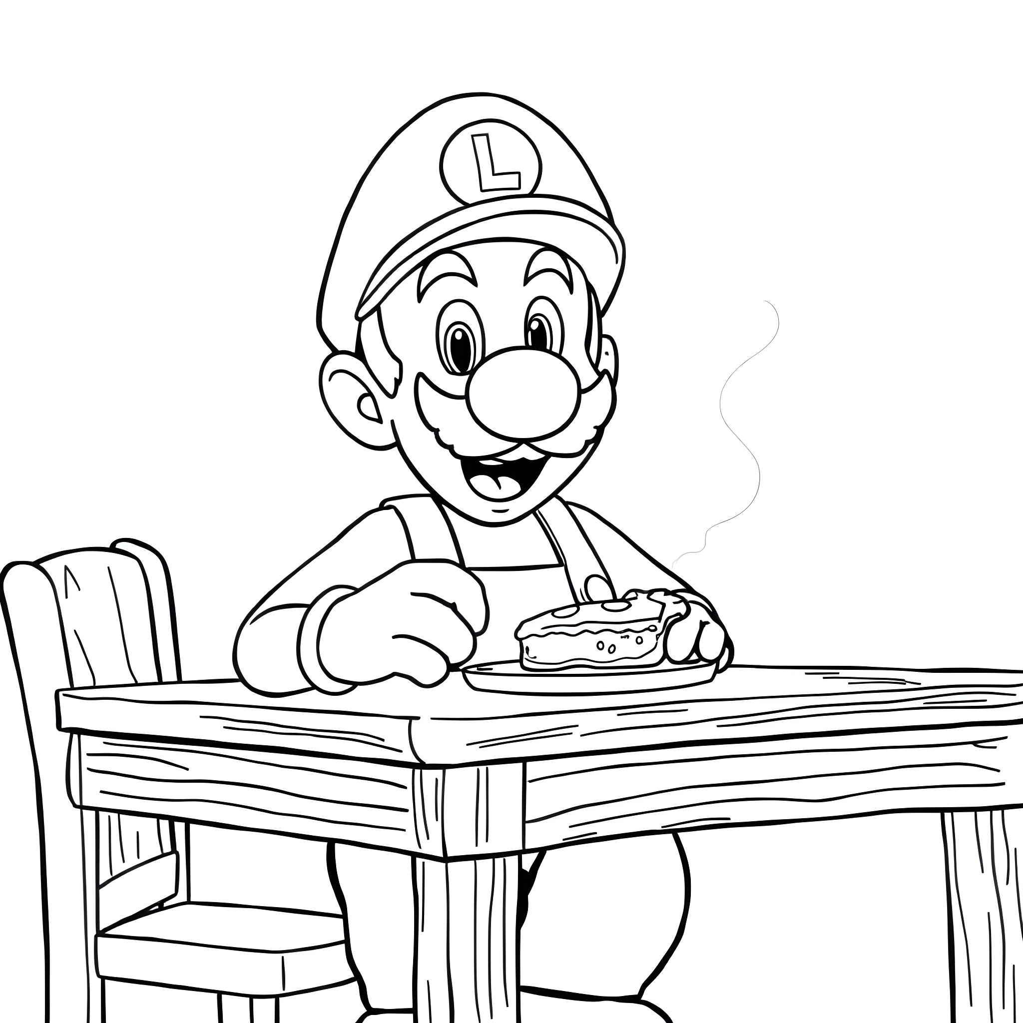 Luigi enjoying a snack at the table Coloring Page (free black-and-white line drawing printable PDF for all, from beginners to advanced learners, including children, teens, adults, and seniors)