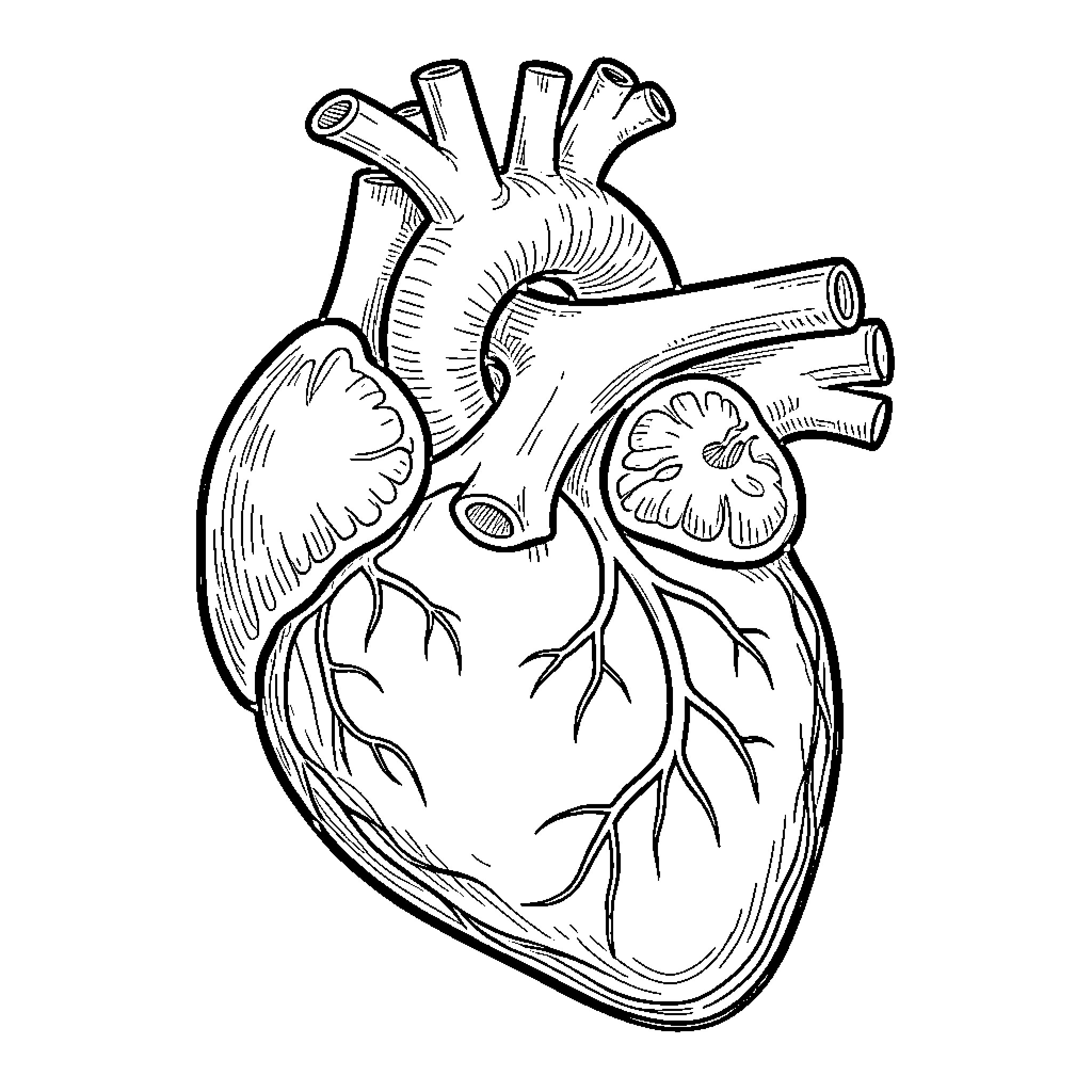 Human Heart: Anatomical Illustration Coloring Page (free black-and-white line drawing printable PDF for all, from beginners to advanced learners, including children, teens, adults, and seniors)