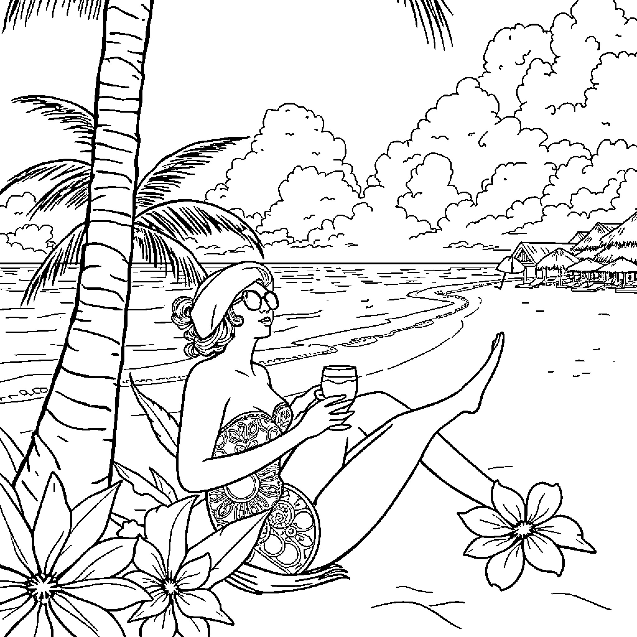 Kara enjoying a tropical beach paradise Coloring Page (free black-and-white line drawing printable PDF for all, from beginners to advanced learners, including children, teens, adults, and seniors)