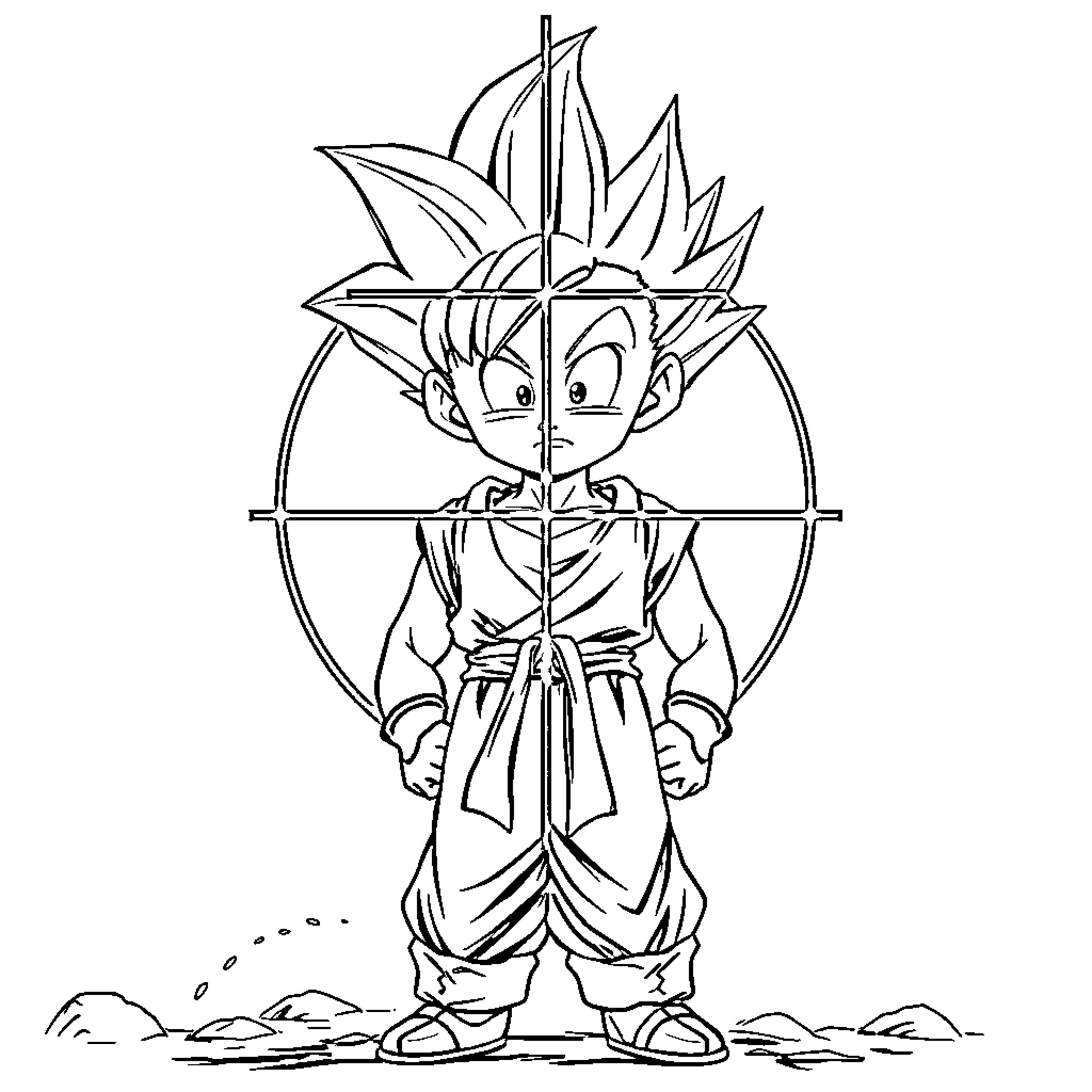 Son Gohan readies for battle in the wilderness Coloring Page (free black-and-white line drawing printable PDF for all, from beginners to advanced learners, including children, teens, adults, and seniors)