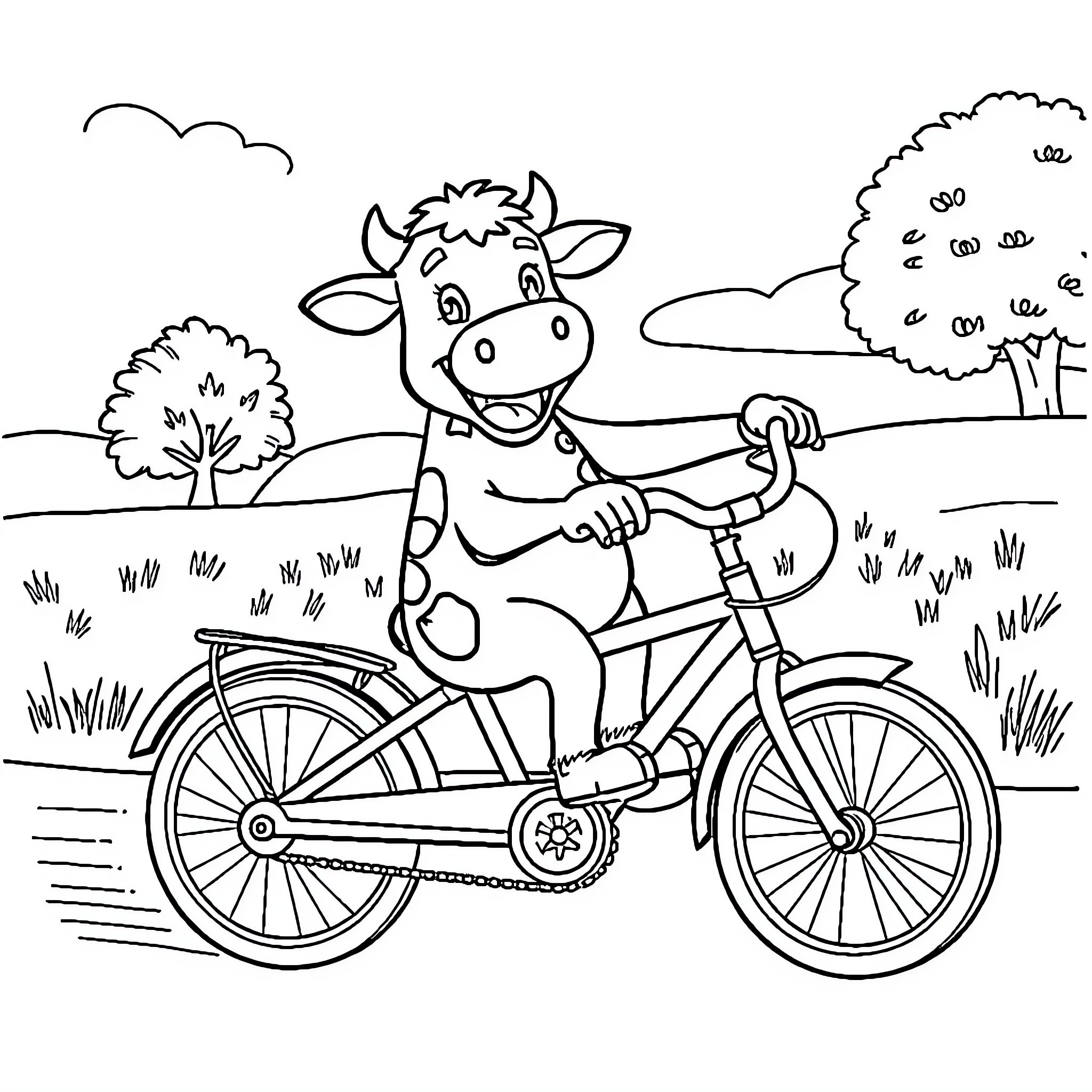 Cow riding a bicycle in a countryside scene Coloring Page (free black-and-white line drawing printable PDF for all, from beginners to advanced learners, including children, teens, adults, and seniors)