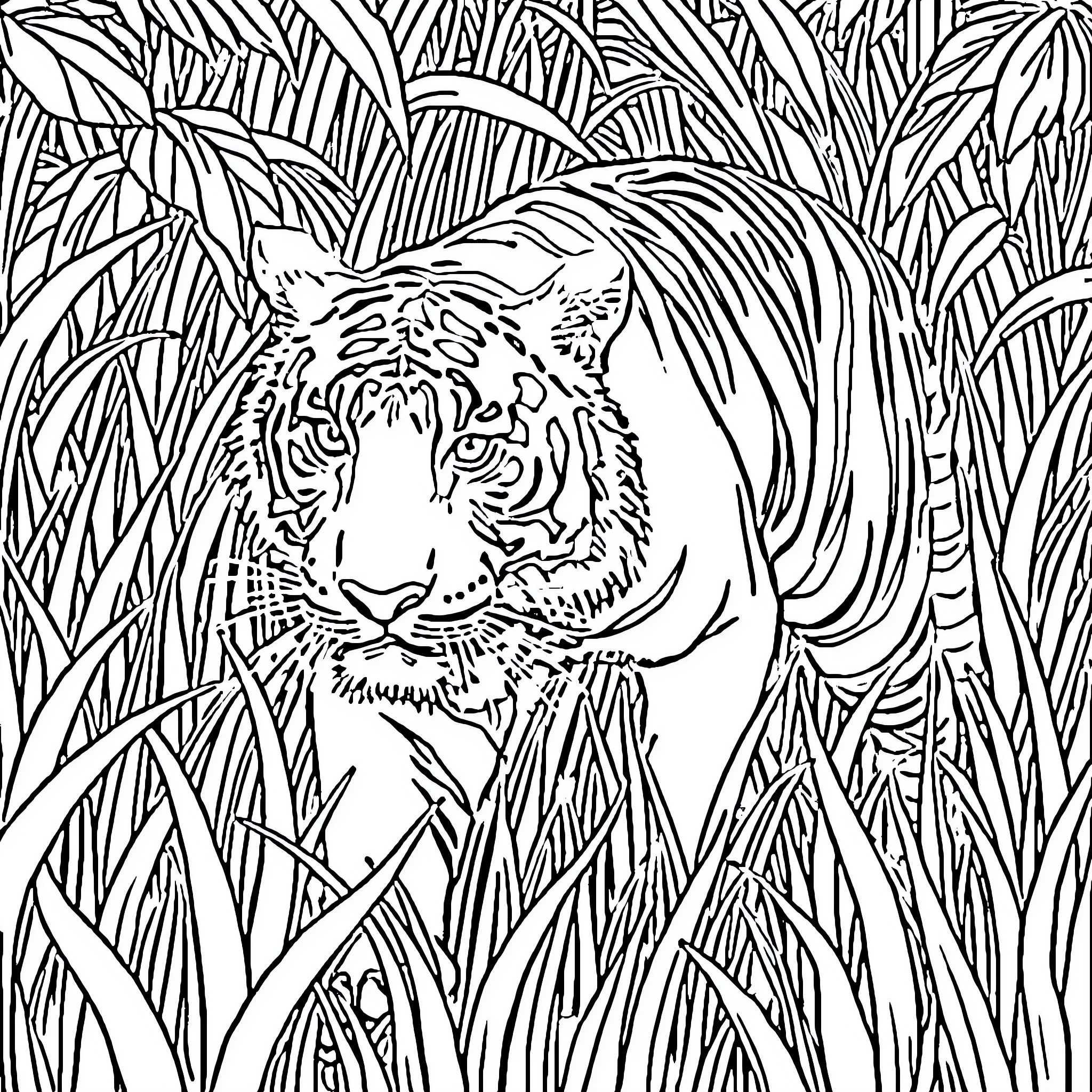 Tiger Lurking in the Lush Jungle Undergrowth Coloring Page (free black-and-white line drawing printable PDF for all, from beginners to advanced learners, including children, teens, adults, and seniors)