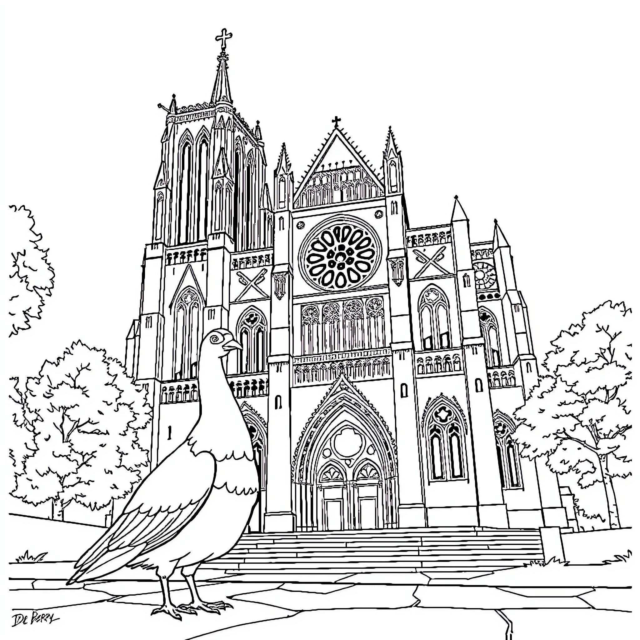 Hen admiring the grandeur of a majestic cathedral Coloring Page (free black-and-white line drawing printable PDF for all, from beginners to advanced learners, including children, teens, adults, and seniors)