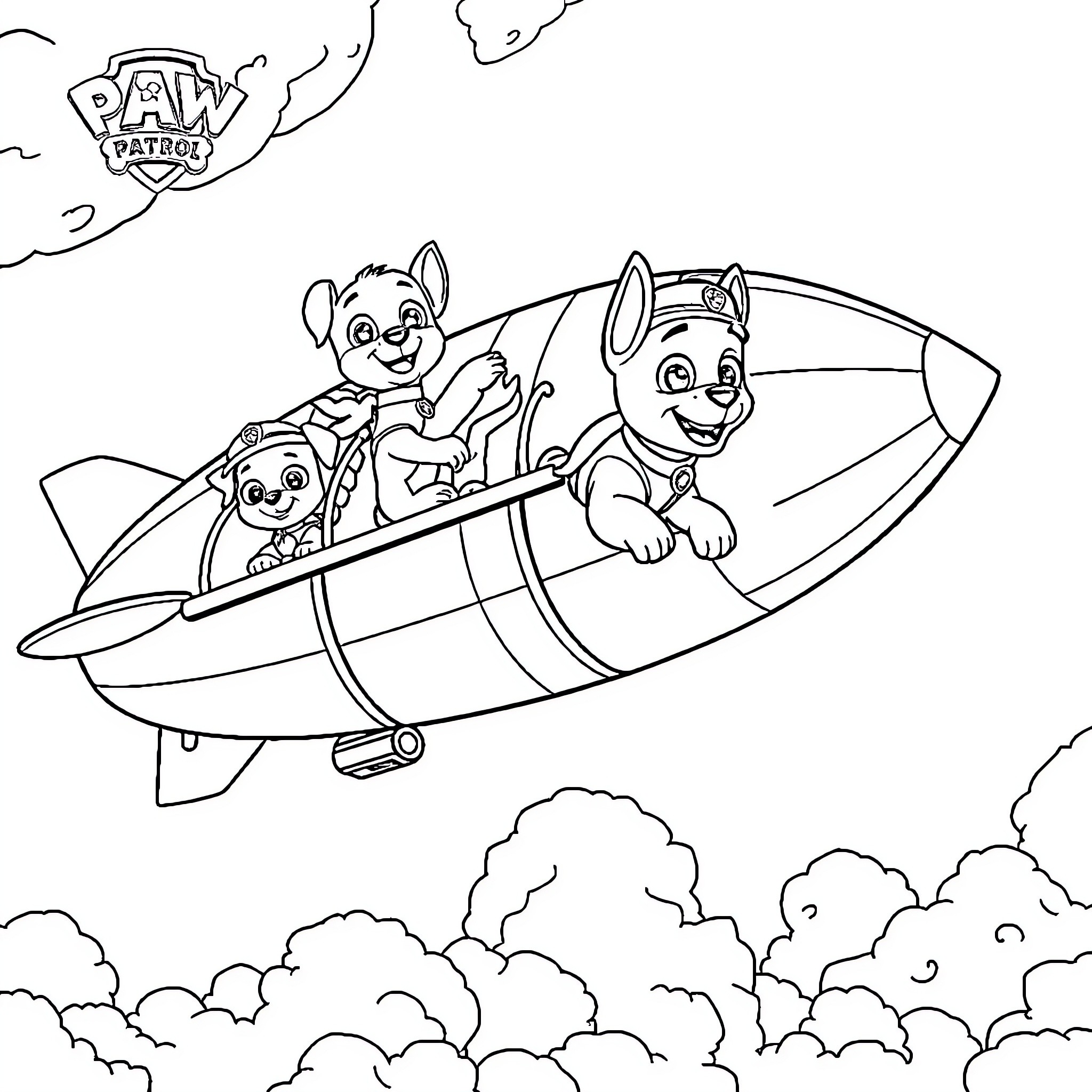 Paw Patrol characters riding in a rocket ship Coloring Page (free black-and-white line drawing printable PDF for all, from beginners to advanced learners, including children, teens, adults, and seniors)