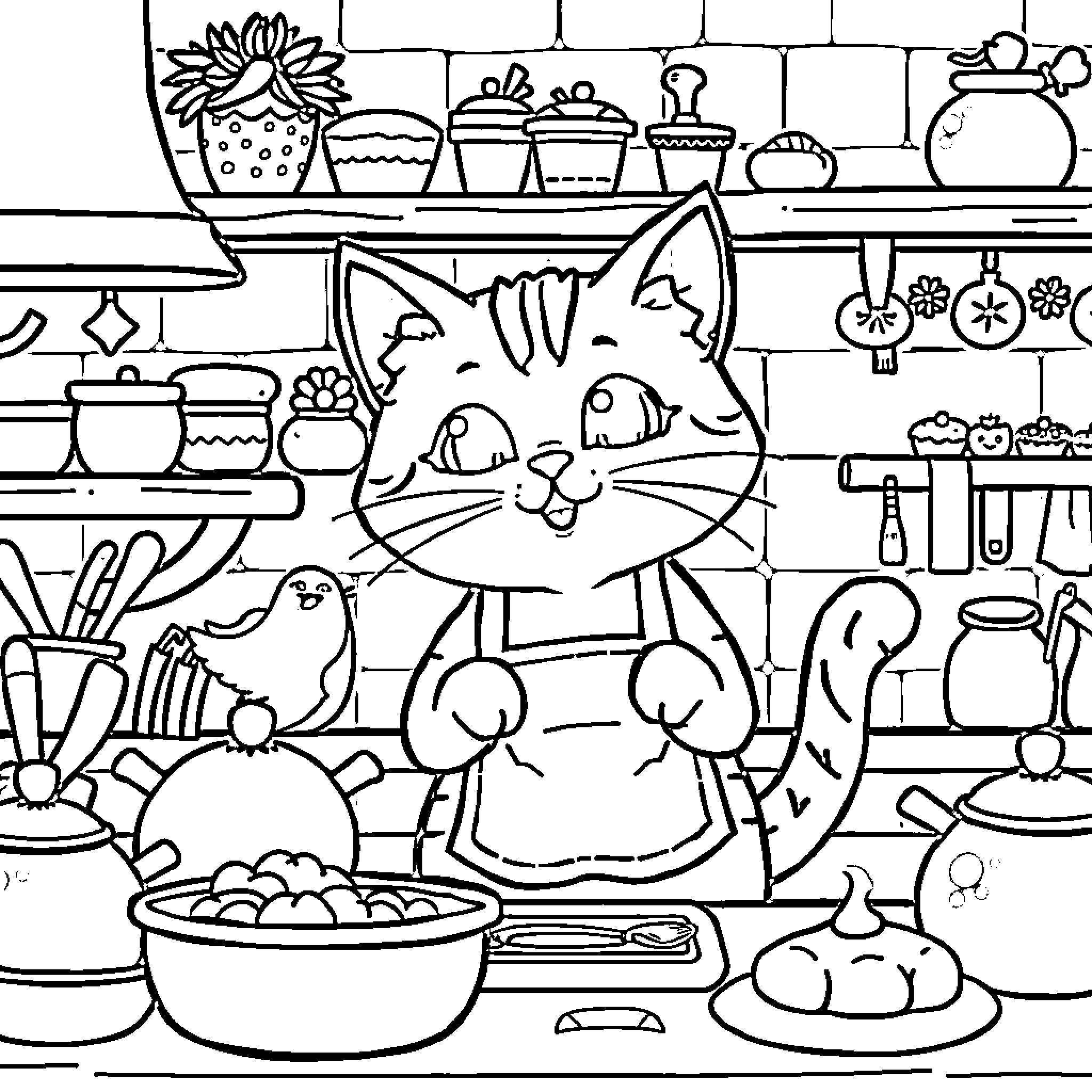 Cat exploring a cozy kitchen interior Coloring Page (free black-and-white line drawing printable PDF for all, from beginners to advanced learners, including children, teens, adults, and seniors)