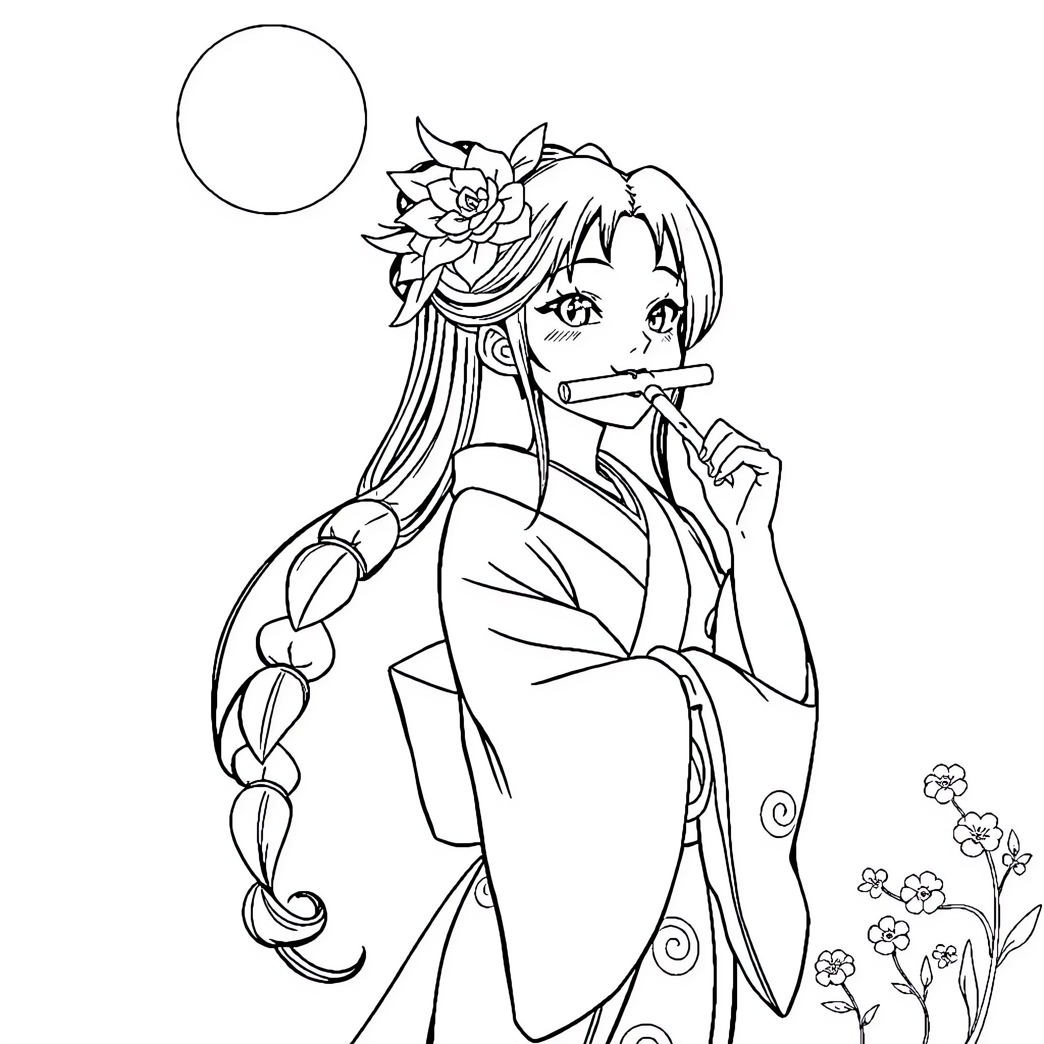 Nezuko in a contemplative pose with floral headpiece Coloring Page (free black-and-white line drawing printable PDF for all, from beginners to advanced learners, including children, teens, adults, and seniors)