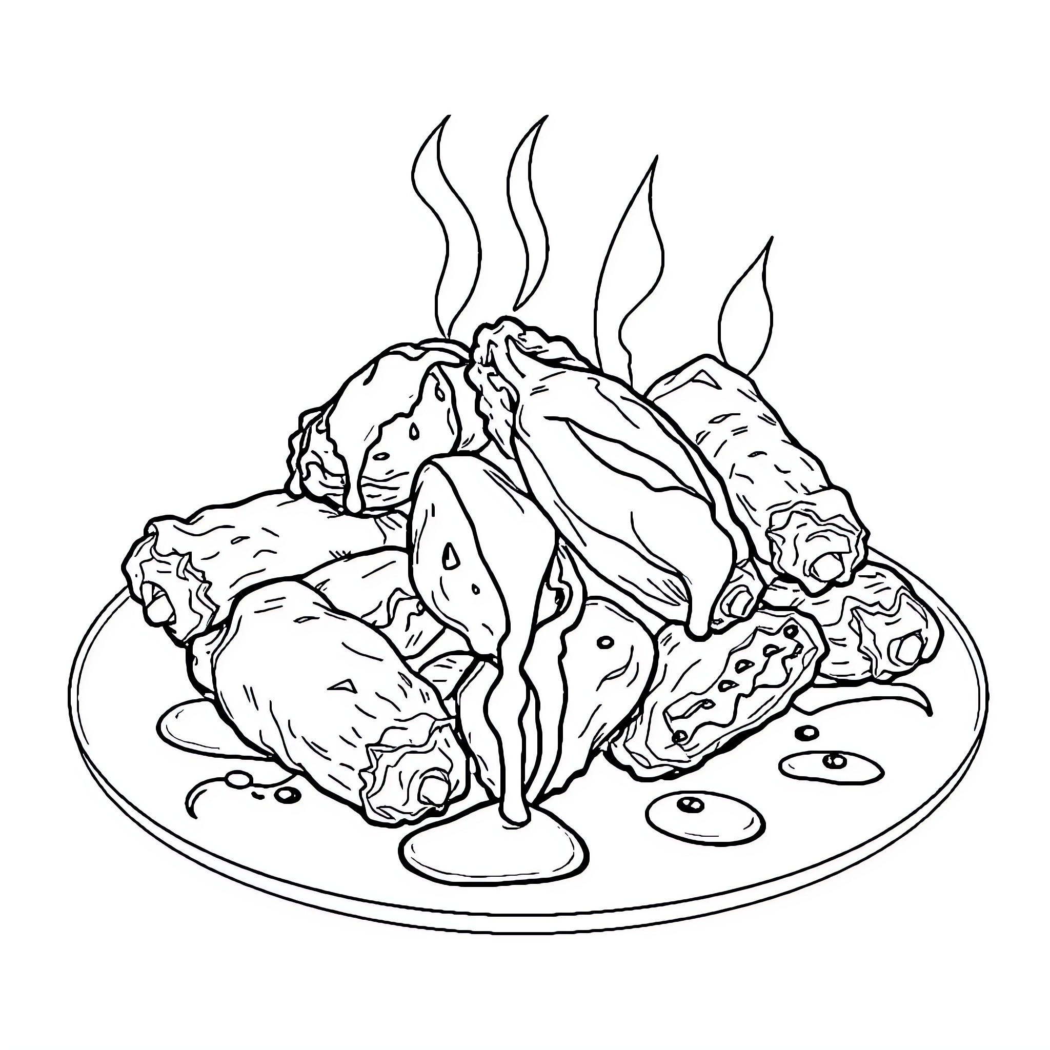 Buffalo steaming hot dish on plate Coloring Page (free black-and-white line drawing printable PDF for all, from beginners to advanced learners, including children, teens, adults, and seniors)